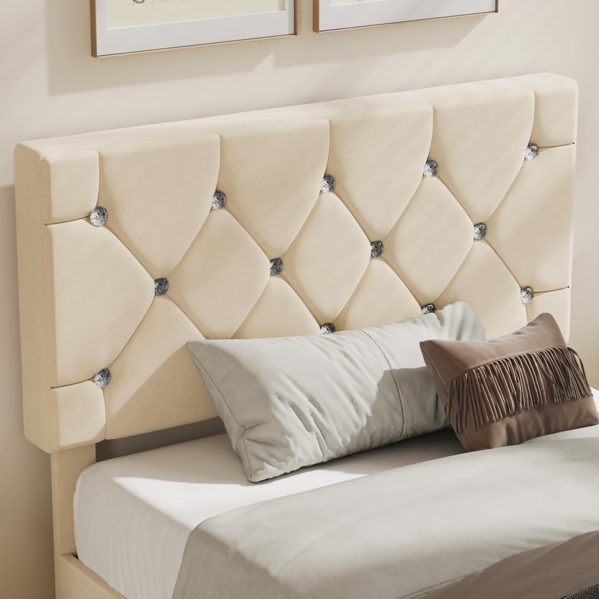 VECELO Twin Size Bed Frame with Adjustable Diamond Tufted Headboard - Upholstered Platform Bed, Wood Slat Support, No Box Spring Needed, Beige - Perfect for Small Bedrooms, Guest Rooms & Dorm Rooms