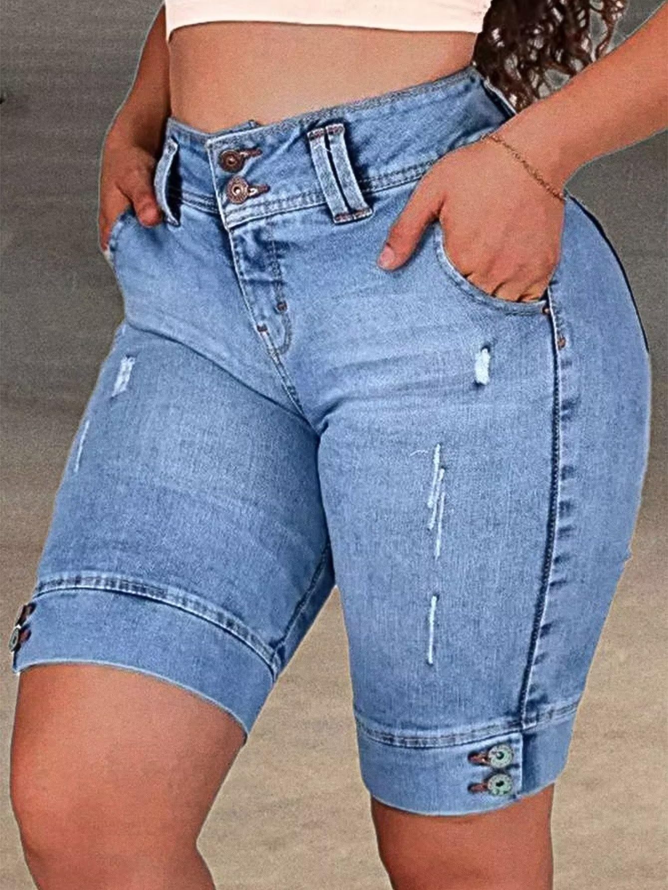 Flamingals High Waist Ripped Denim Bermuda Shorts for Women - Butt Lifting Skinny Jean Shorts | Trendy Distressed Denim Shorts for Summer, Casual Outfits & Beach Wear