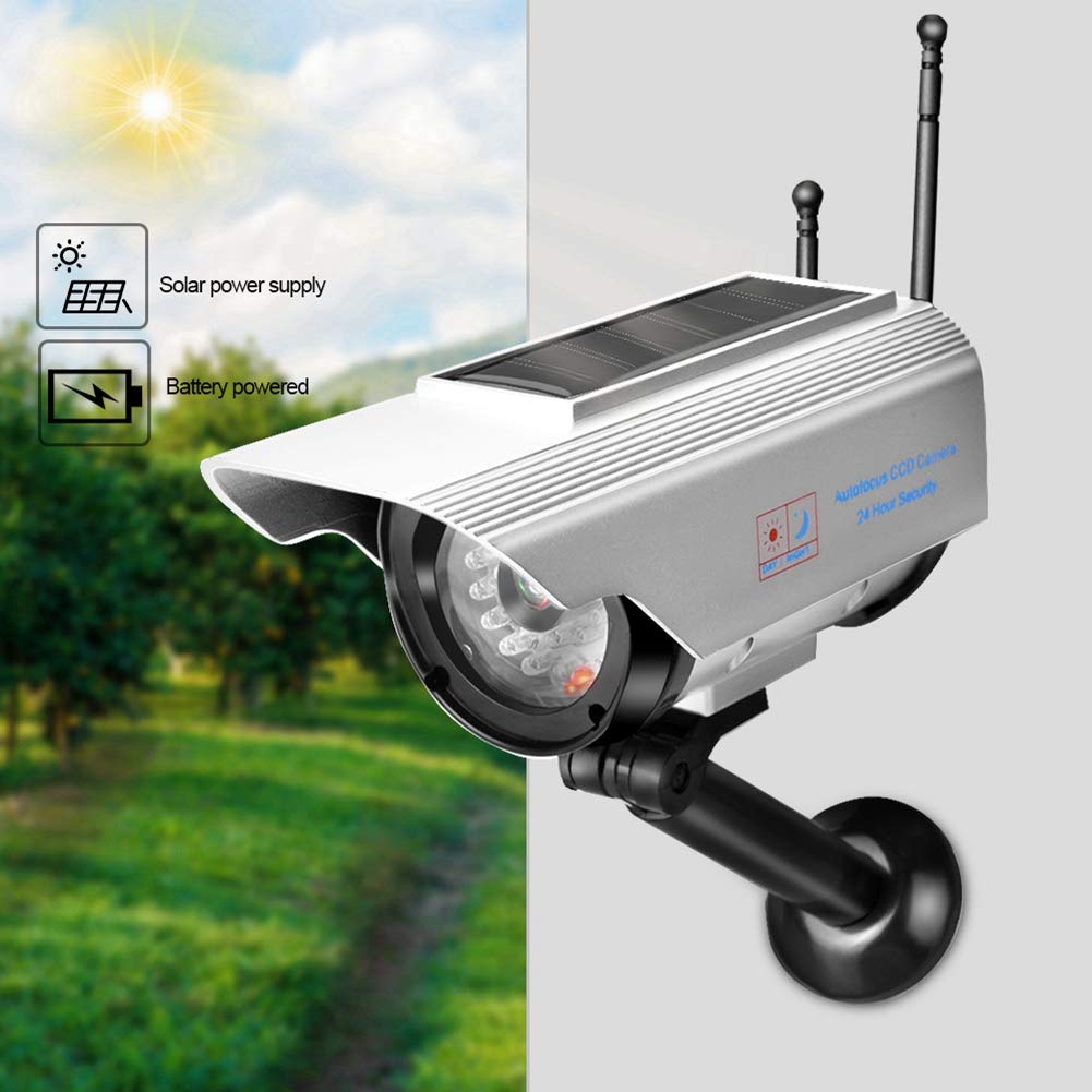 19X9X9 Solar Powered Fake Security Camera - Outdoor Dummy Surveillance Camera with Realistic Design for Home & Business Protection (Silver) | Ideal for Deterring Burglars & Enhancing Safety in Yards, Driveways & Entryways