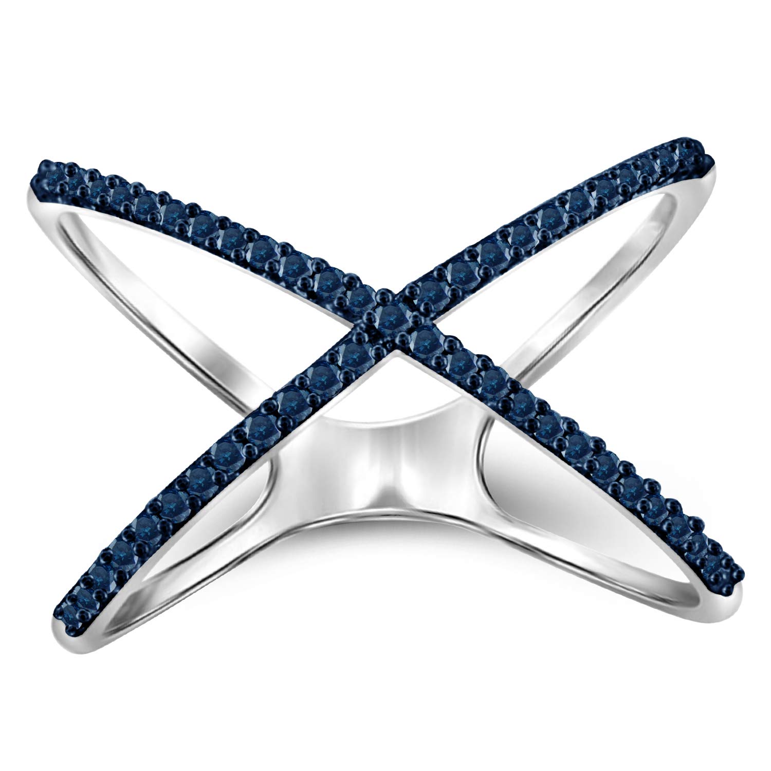 Sterling Silver Criss Cross Ring with 1/7 Carat Blue Diamond - .925 Hypoallergenic X Ring for Women | Elegant Jewelry Gift for Anniversary, Valentine's Day & Special Occasions