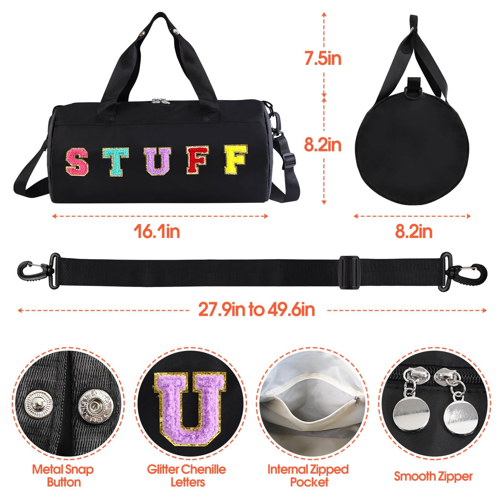**Chenille Letter Stuff Tote Bag 16 Inch - Small Gym Duffle Bag for Travel, Dance, Sports, Workout & Camping | Carry-On Cheer Ballet Overnight Weekender Bag | Birthday Gifts for Girls, Kids, Teens & Women - Black | Perfect for Gym, School, Beach & Weekend Getaways**