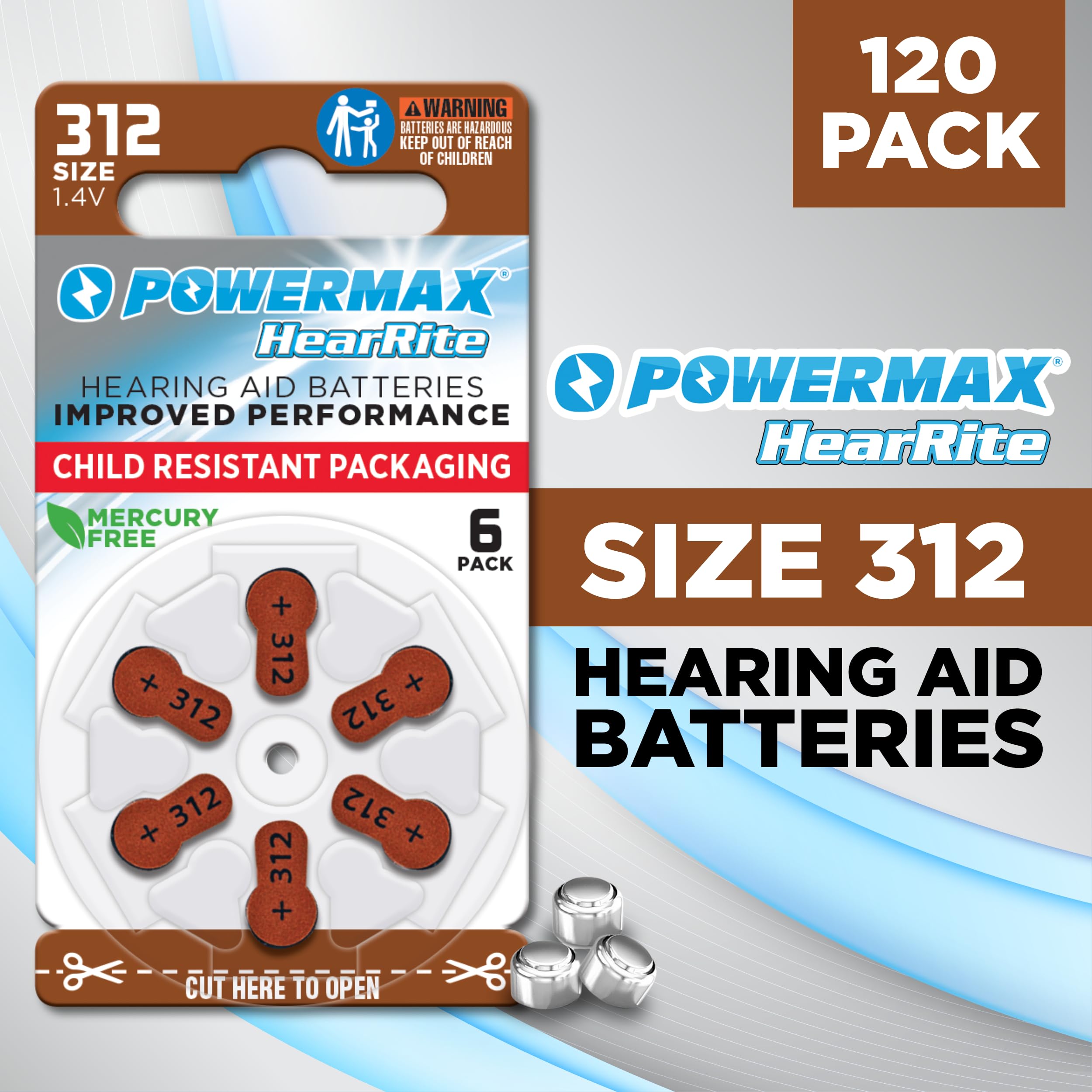 Powermax Size 312 Hearing Aid Batteries - 120 Count Pack | Long-Lasting Zinc-Air Power | Easy-Change Brown Tab | Perfect for Seniors & Daily Hearing Aid Use