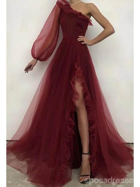 Elegant Burgundy A-Line One Shoulder High Slit Long Sleeve Prom Dress for Women - Perfect for Homecoming, Evening Gala & Formal Events