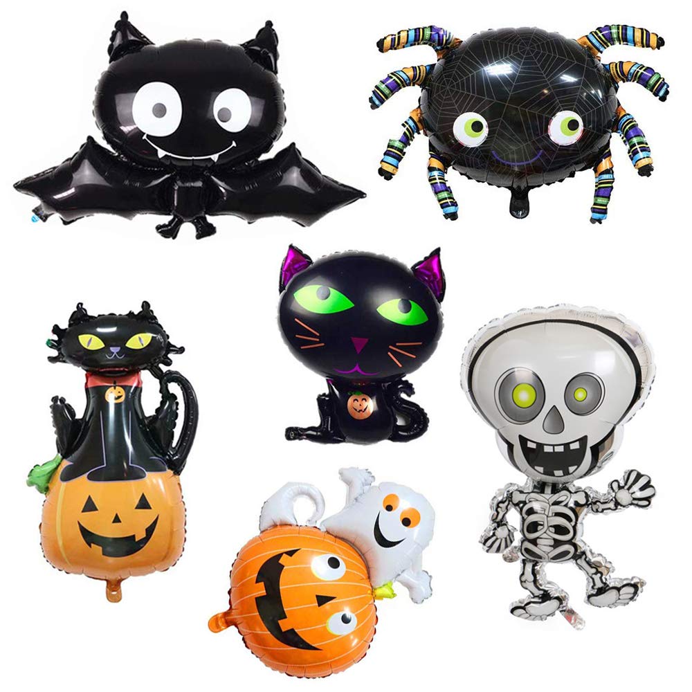 Halloween Foil Balloons 6 Pack - Black Cat, Ghost, Spider & Pumpkin Helium Balloons for Party Decorations - Shiny Glitter Balloons for Birthday, Christmas, Holiday & Festival Celebrations - Perfect for Halloween Parties, Home Decor & Photo Backdrops