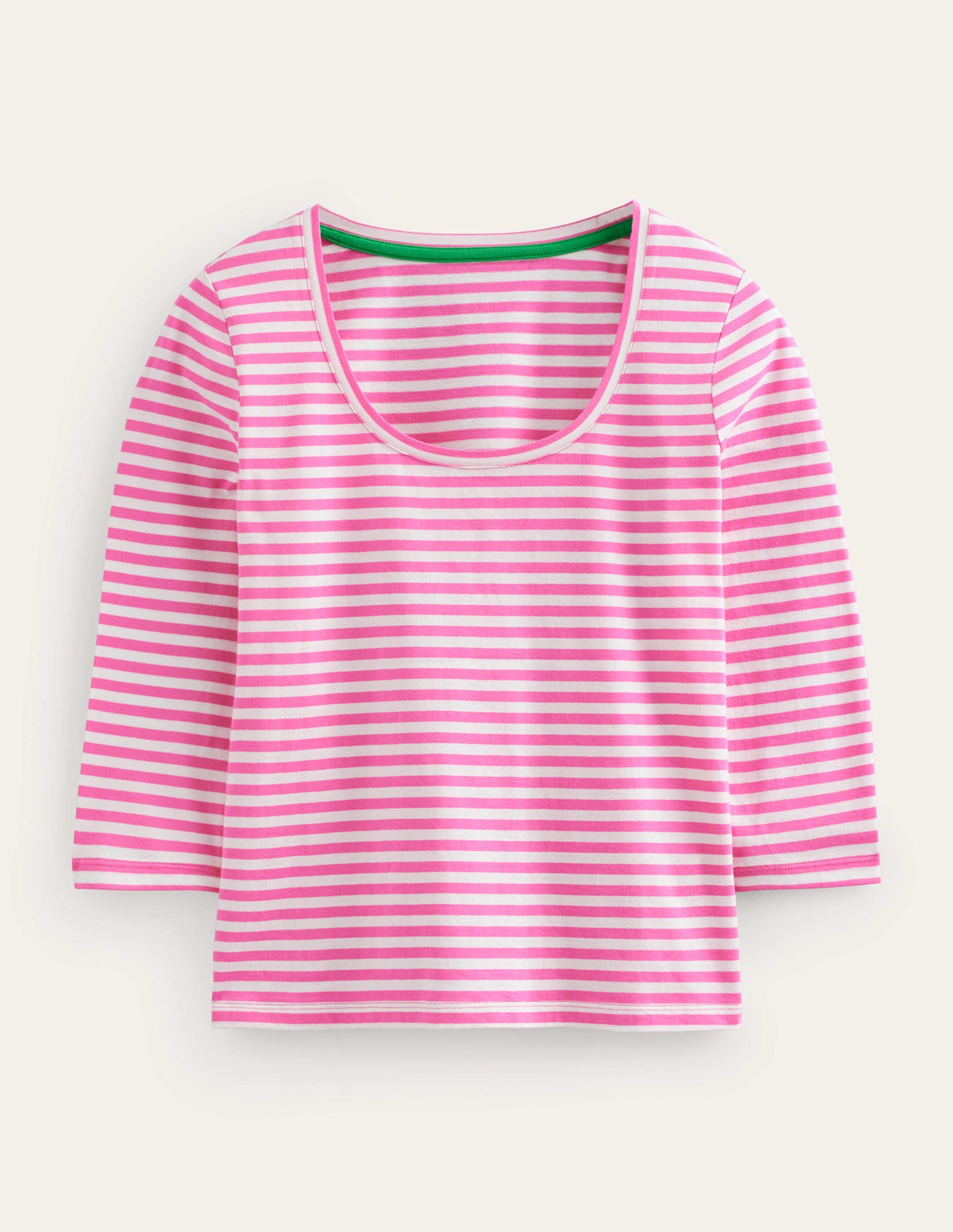 3/4 Sleeve Scoop Neck Women's T-Shirt - Soft Cotton Casual Blouse in Ivory & Pink | Perfect for Office Wear, Date Night & Everyday Outfits