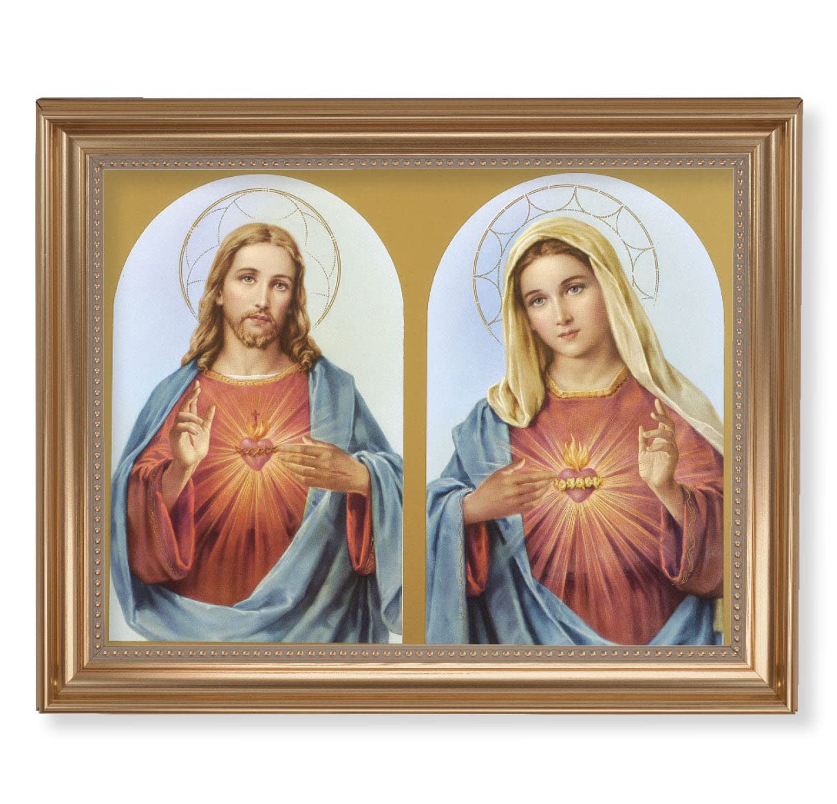 Extra Large Sacred Hearts Framed Wall Art - Classic Gold Leaf Fluted Frame with Beaded Edge | Religious Home Decor for Living Room, Bedroom & Church