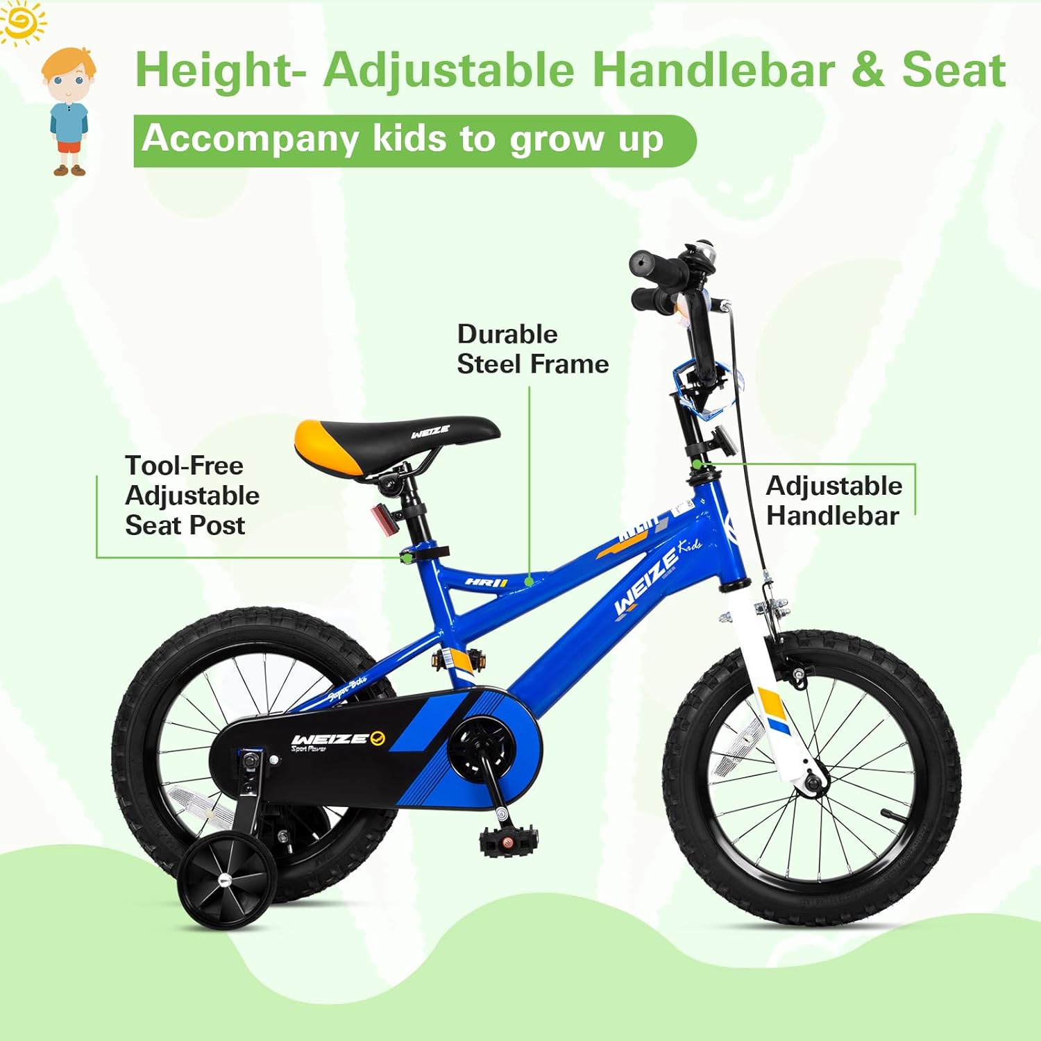 WEIZE 14 20 Inch Kids Bike for Boys & Girls Ages 3-12 Years | Children's Bicycle with Coaster Brake | Height 35-60 Inch | Blue | Perfect for Neighborhood Rides & Outdoor Adventures