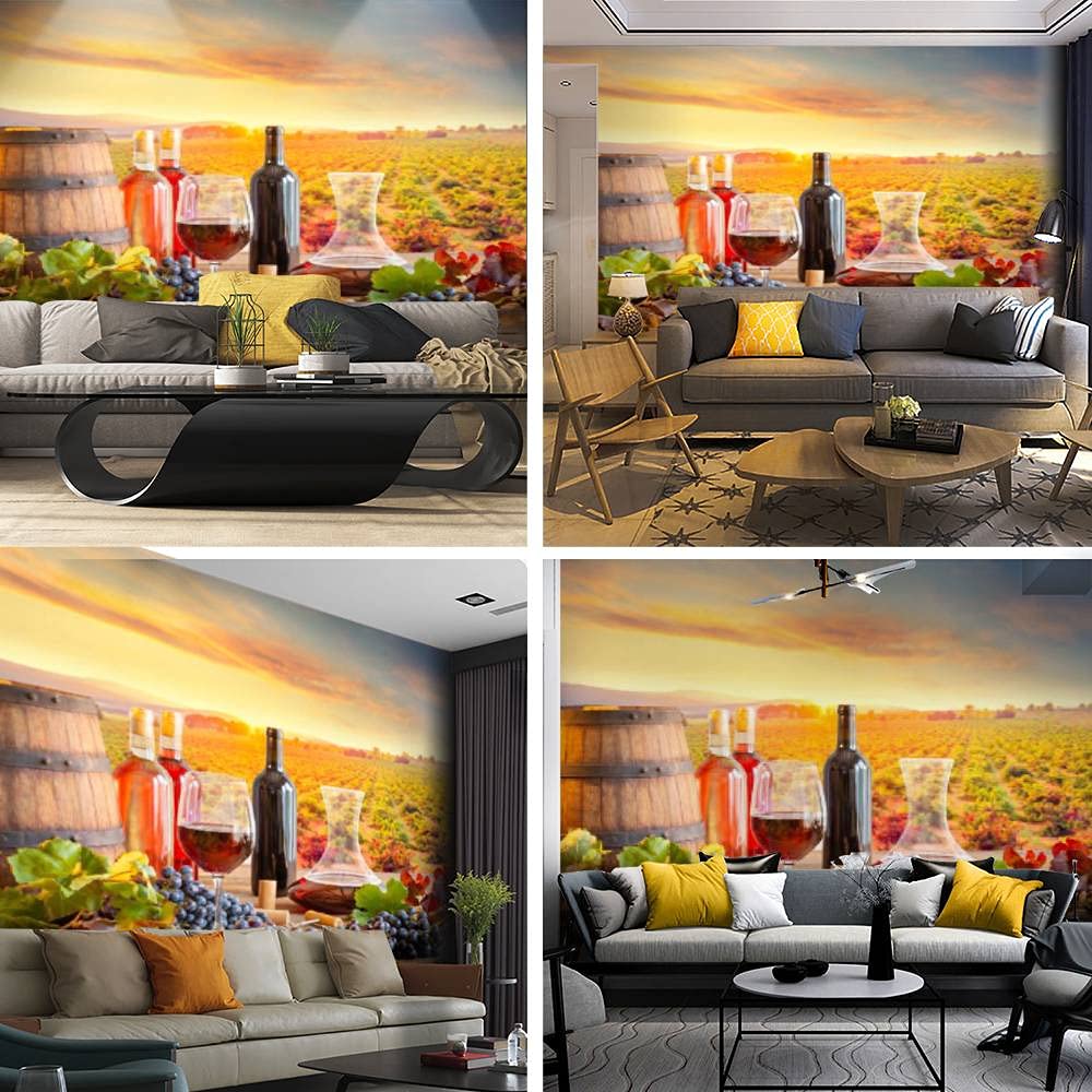 Vineyard Wallpaper Canvas Print - Self-Adhesive Peel & Stick Wall Mural with Wine Bottles, Glasses & Barrels - Home Decor for Living Room, Kitchen, Bar or Wine Cellar