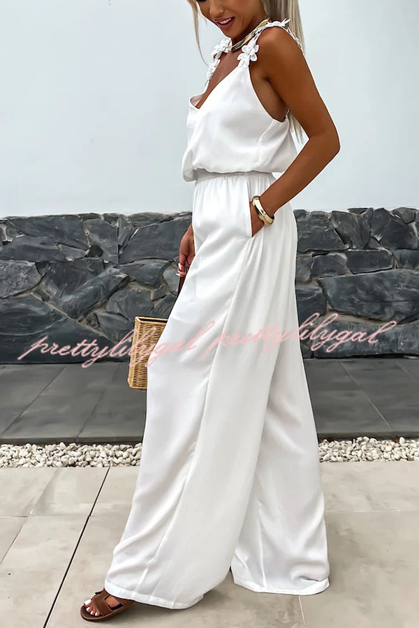Solid Color Embroidered Flower Suspenders Casual Loose Jumpsuit for Women | Summer Boho Romper | Outdoor Music Festival & Beach Vacation Outfit