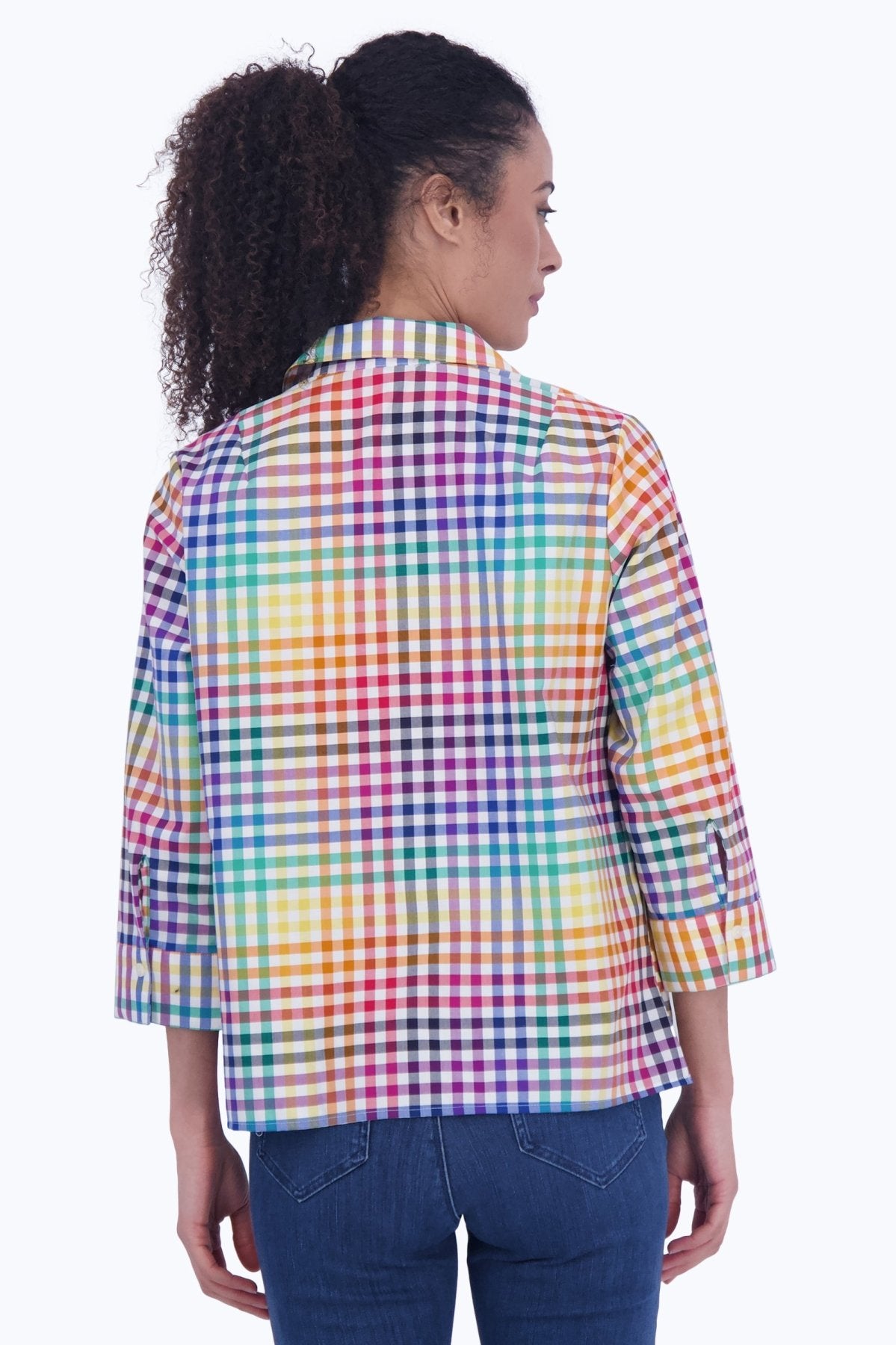 Sophia Rainbow Gingham 3/4 Sleeve Popover Shirt for Women - Stylish Casual & Office Wear - Perfect for Spring Summer Outfits, Picnics and Date Nights