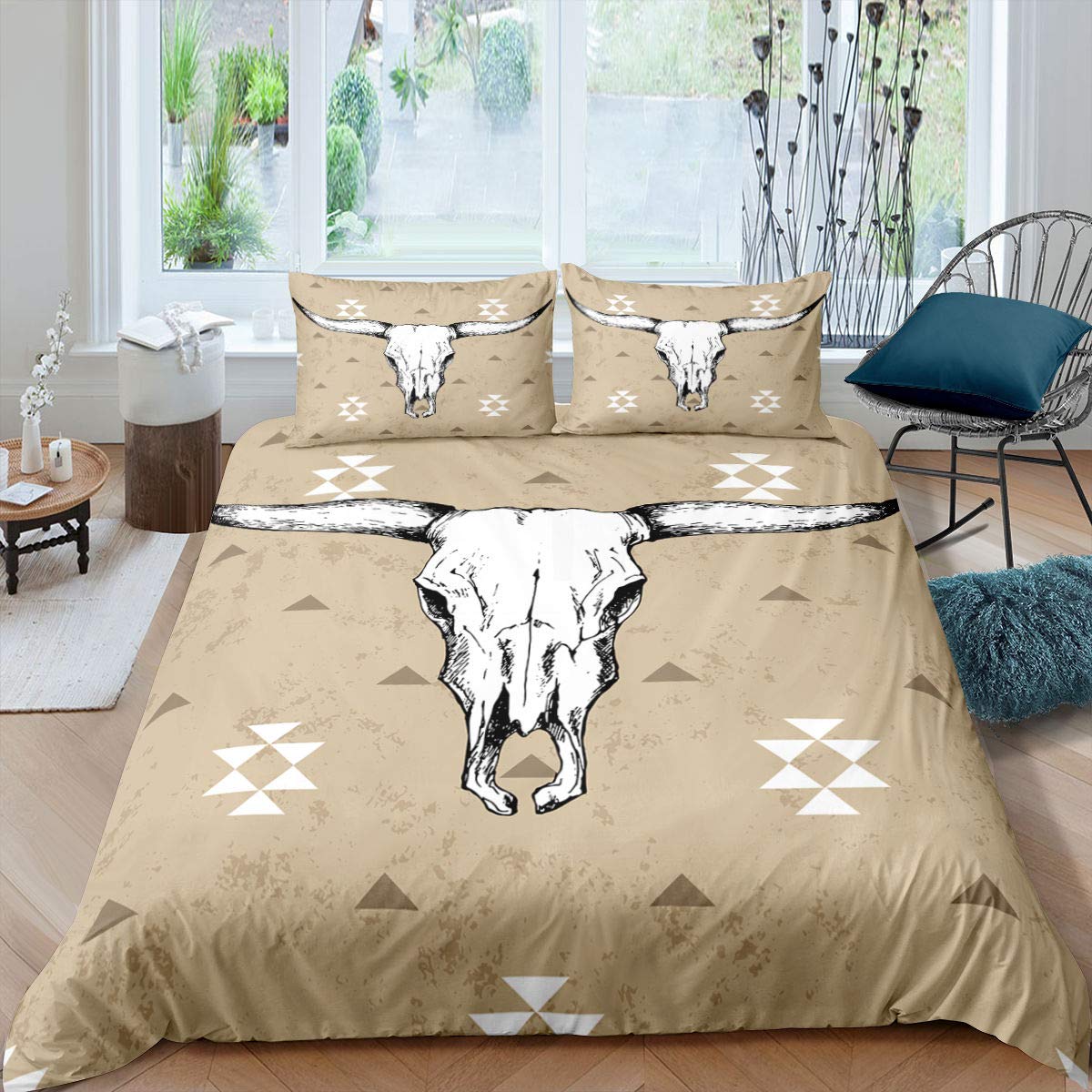 Erosebridal Bull Skull Duvet Cover Set - Geometric Triangle Print Comforter Cover for Kids, Teens & Adults - Brown Retro Skeleton Bone Quilt Cover - Twin Size (1 Duvet + 1 Pillowcase) - Perfect for Gothic, Western or Boho Chic Bedroom Decor