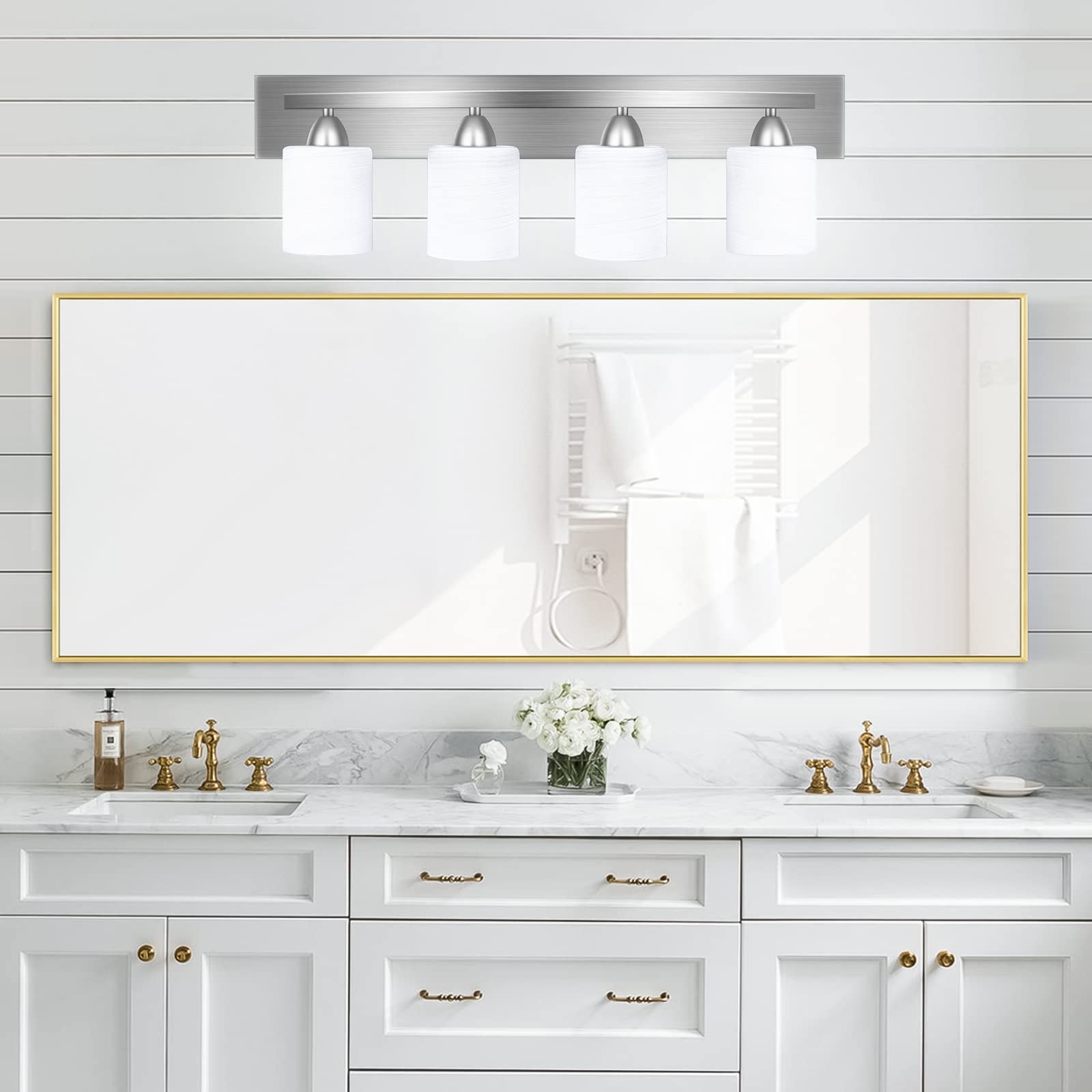 PARTPHONER 4-Light Bathroom Vanity Light Fixture Set - 5 Piece All-in-One Bathroom Accessories Including Towel Ring, Robe Hook & Toilet Paper Holder in Brushed Nickel with White Frosted Glass - Perfect for Modern Bathroom, Master Bath & Powder Room Decor