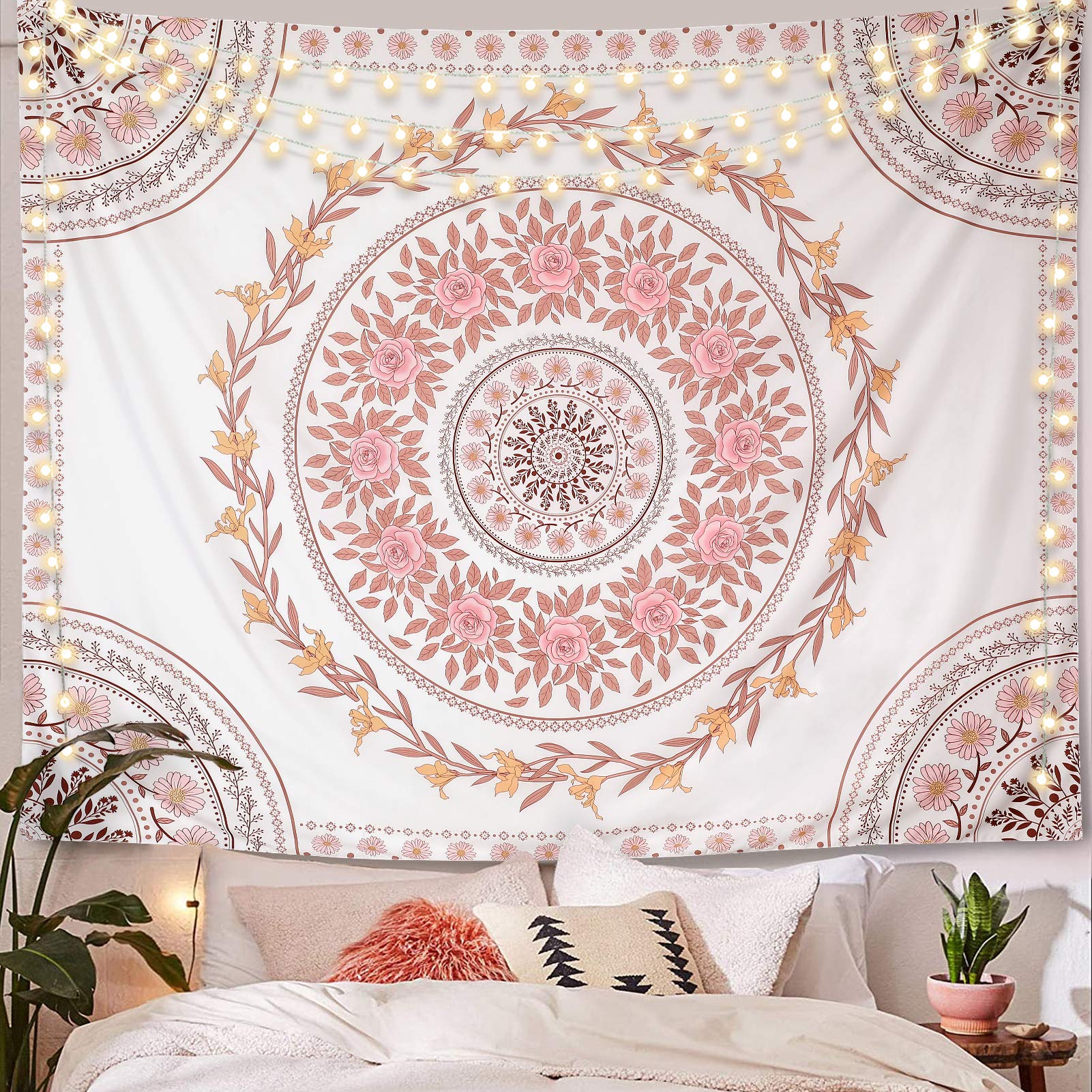 Bohemian Mandala Tapestry Wall Hanging - Pink Floral Medallion Design, Aesthetic Boho Decor for Bedroom, Living Room & Dorm | Perfect for Meditation Spaces, Yoga Studios & Hippie Home Decor