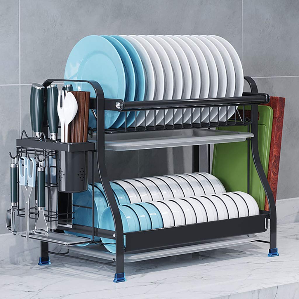 Premium 2-Tier Stainless Steel Dish Drying Rack with Drain Board | 304 Rustproof Kitchen Countertop Organizer | Utensil & Cutting Board Holder | Space-Saving Black Dish Drainer for Small Kitchens & Apartments