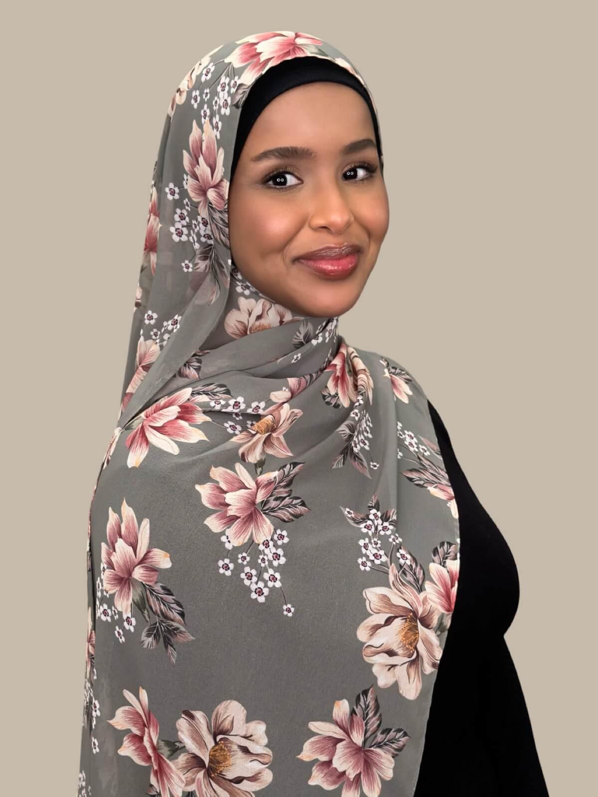 Vintage Peony Printed Chiffon Hijab Scarf - Lightweight Muslim Headscarf for Women, Perfect for Daily Wear, Prayer, and Special Occasions