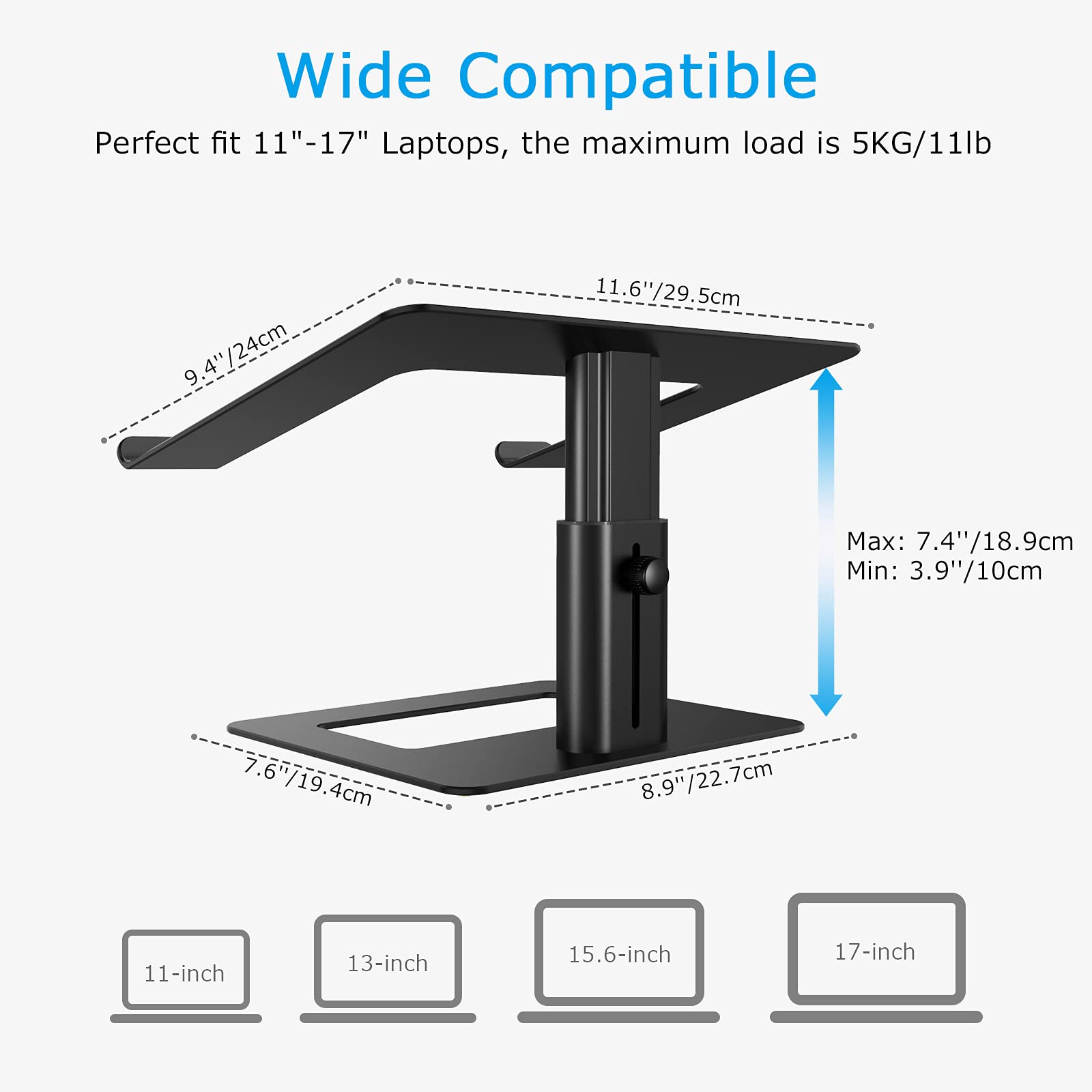 BoYata Ergonomic Aluminum Laptop Stand - Height Adjustable Computer Holder for MacBook Pro/Air, Dell, Lenovo, HP, Samsung, and More 11-17