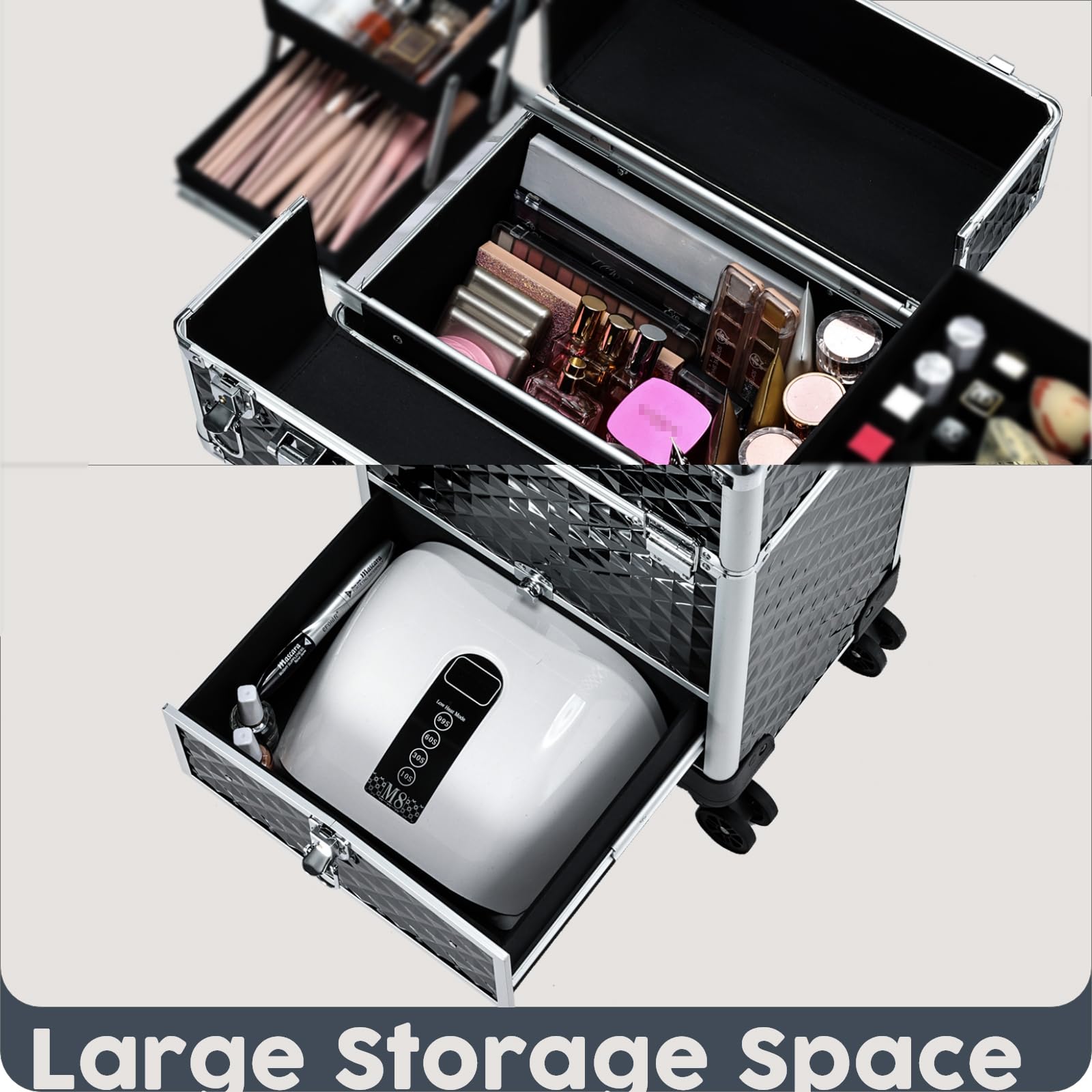 Professional Rolling Makeup Case with 4 Sliding Drawers & Wheels - Portable Cosmetic Trolley for Travel, Salon & Barber - Ideal for Cosmetologists, Nail Techs & Hairstylists (Black) | Perfect for Mobile Beauty Services, Makeup Artists On-The-Go & Salon Organization