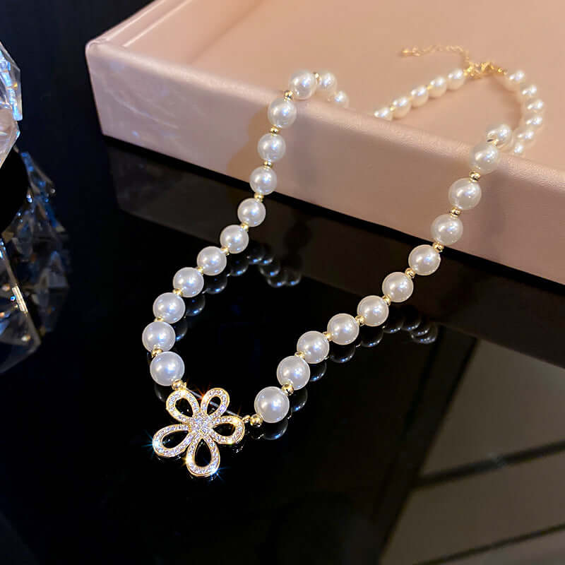 Ivory Pearl Bead Flower Pendant Necklace - Elegant Floral Jewelry for Women | HN1433 | Perfect for Weddings, Parties & Special Occasions