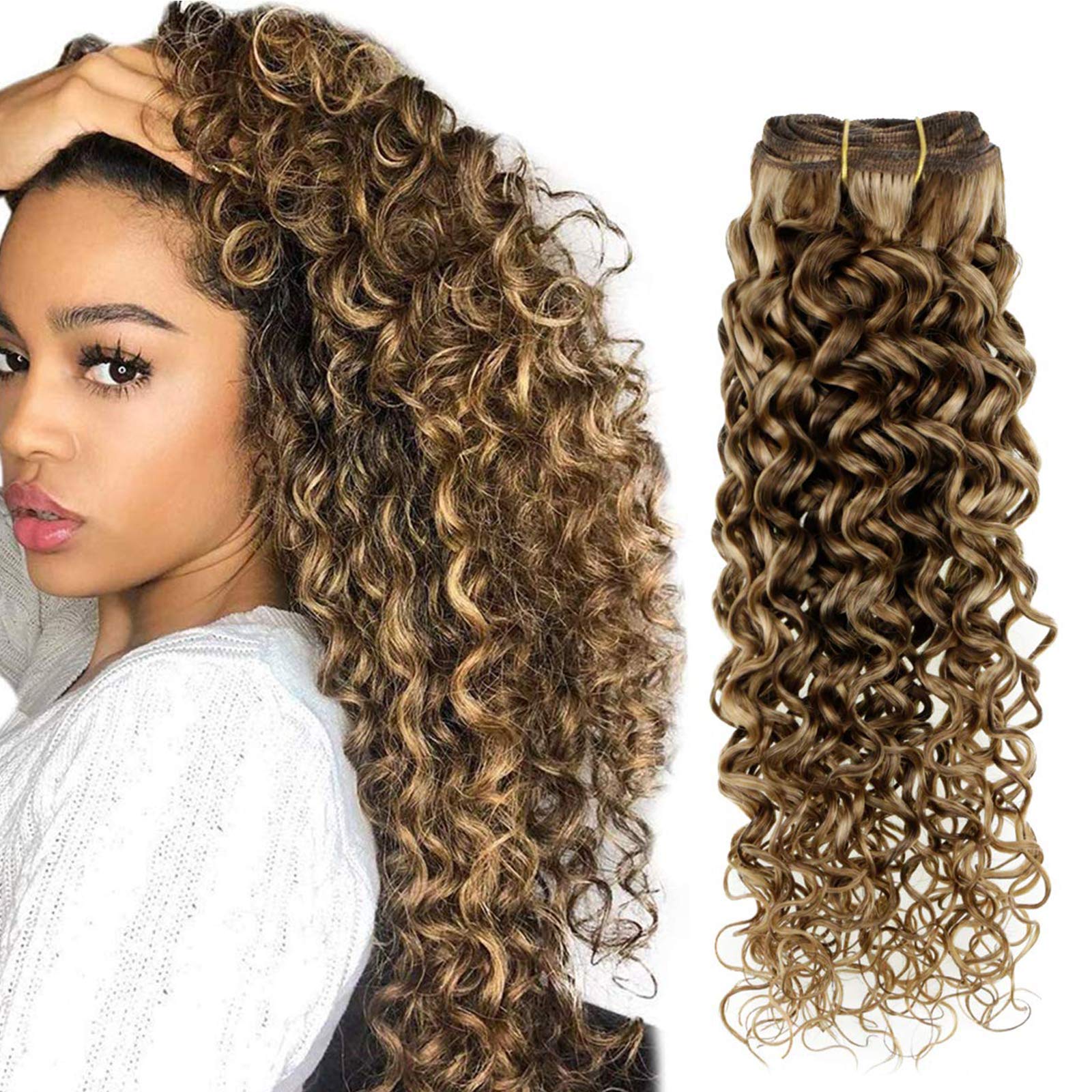 Hetto 14'' #4/27 Brown Highlights Blonde Human Hair Clip-In Extensions - Double Weft Thick Hairpieces for Curly & Straight Styles - Perfect for Parties, Weddings & Daily Styling