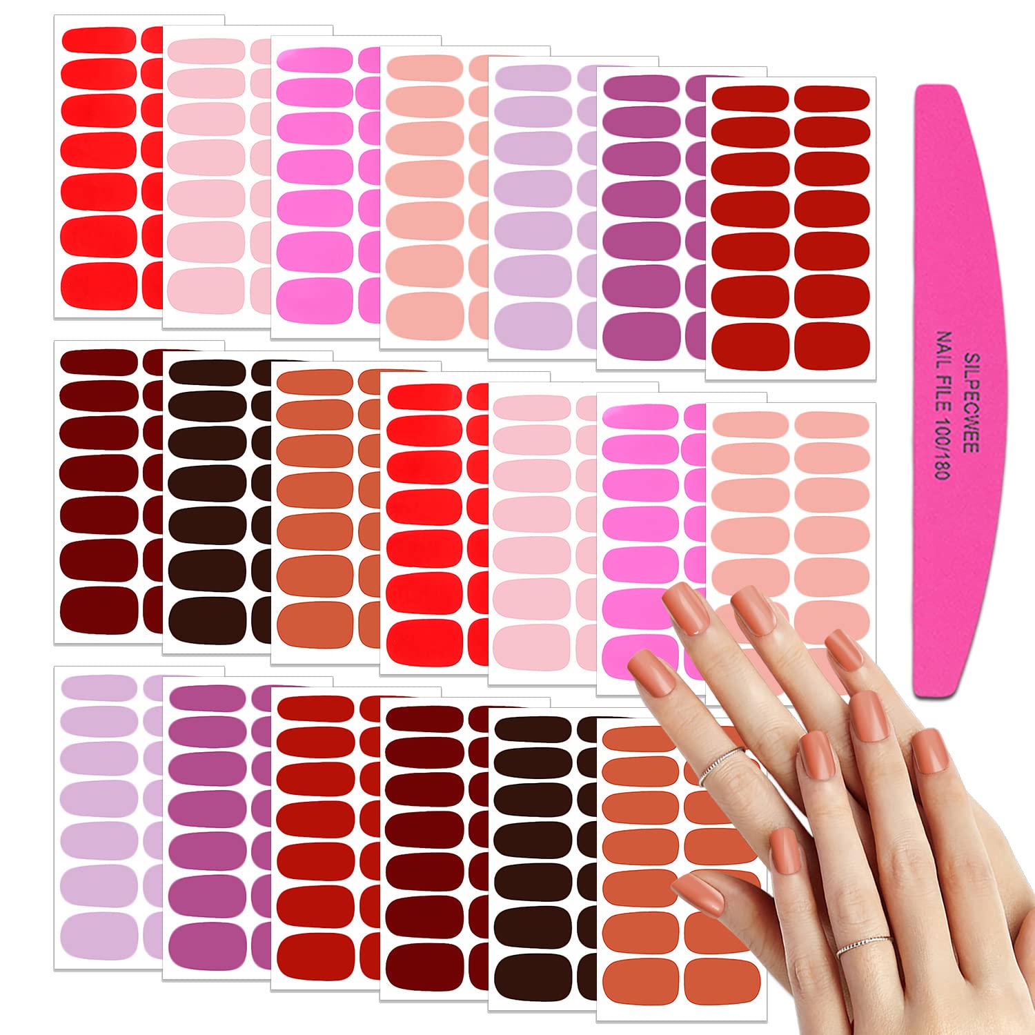 SILPECWEE Red & Pink Nail Wraps for Women - 20 Sheets Solid Color Self-Adhesive Nail Polish Strips, Gel Nail Stickers with 1 Nail File - Perfect for Home Manicures, Nail Art Designs & Party Nail Decorations
