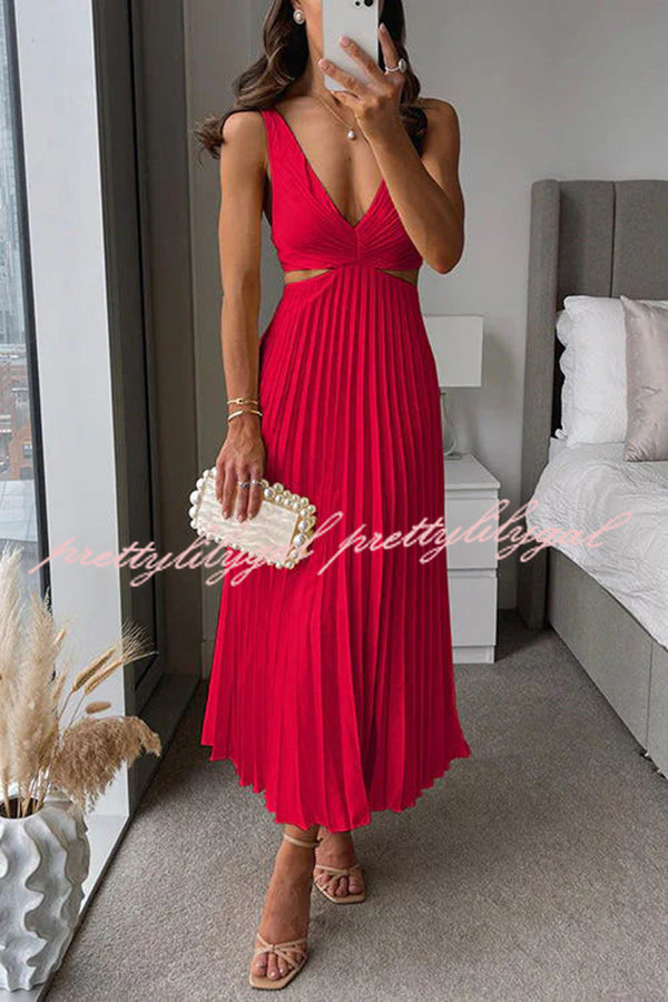 Elegant Summer Floral Print Pleated Cutout Waist Loose Midi Dress for Women - Perfect for Beach Vacations, Garden Parties & Casual Outings