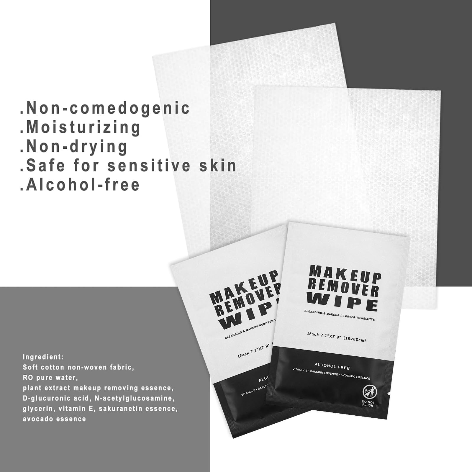 50 Pack Individually Wrapped Makeup Remover Wipes - Bulk Facial Cleansing Pads for Mascara, Lipstick & Oil Removal | Gentle on Skin | Perfect for Travel, Gym & Daily Use (Black)