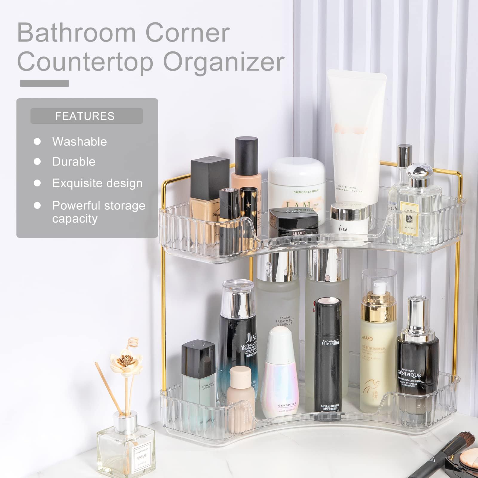 Clear 2-Tier Corner Bathroom Countertop Organizer - Vanity Tray for Makeup, Perfume & Jewelry Storage | Space-Saving Kitchen Spice Rack | Perfect for Small Bathrooms, Vanities & Countertop Organization