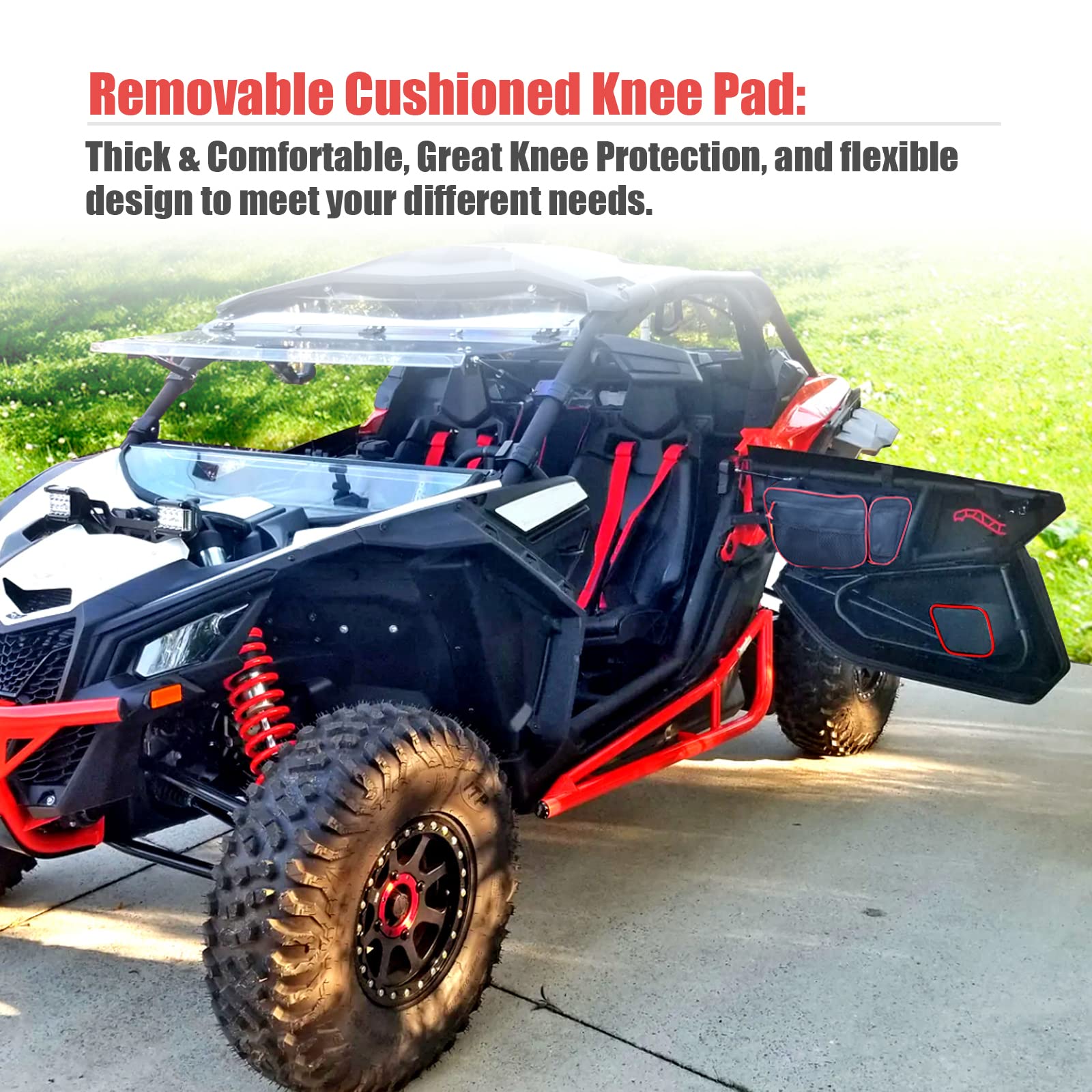 **Can Am Maverick X3 Accessories - Goldfire X3 Front Upper Door Storage Bags, Tool Organizer & Gear Bags with Removable Knee Pad (2017+ Maverick X3 Max/XRS/XDS/Turbo RR) - Red Piping - Perfect for Off-Roading & Adventure Gear Storage**