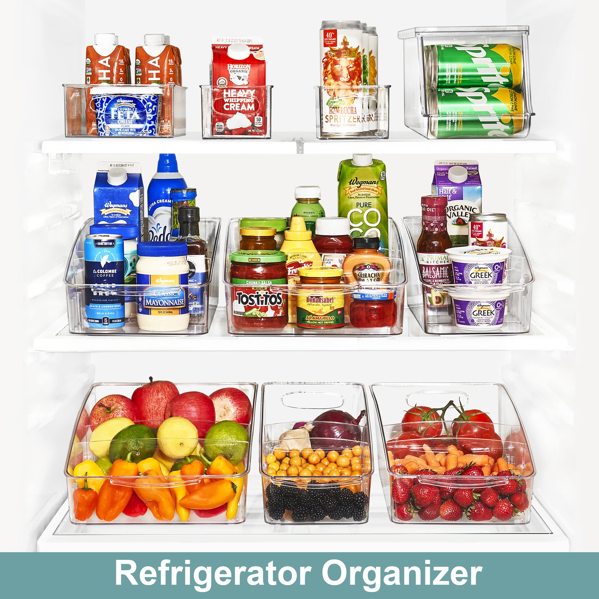 Sorbus Rolling Fridge Organizer with Clear Design, Dividers & Handles - Kitchen Storage Bins for Refrigerator & Pantry Organization - Perfect for Meal Prep, Grocery Storage & Small Space Optimization
