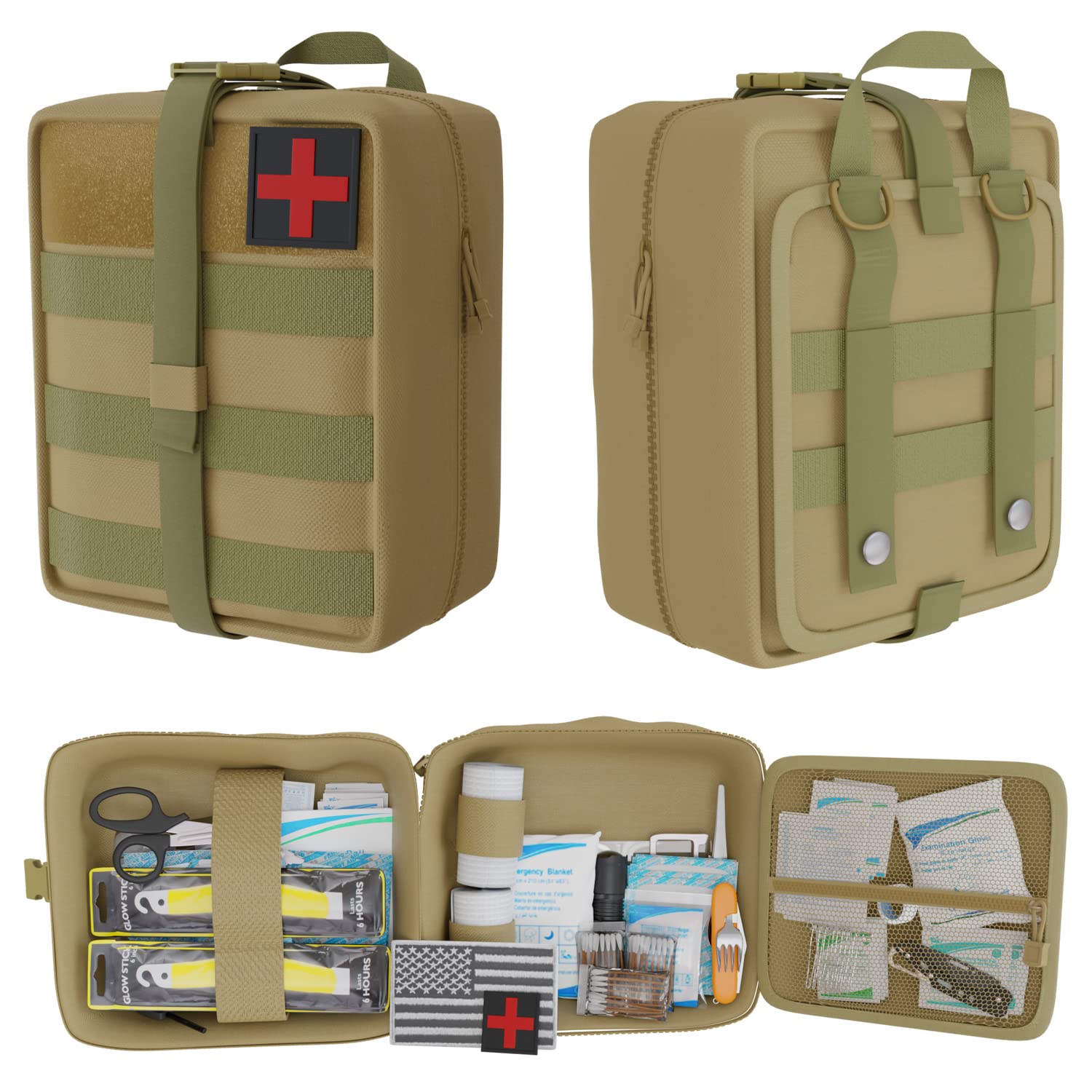 PUREVACY 16-Piece 255-Supply Green Military Survival First Aid Kit - MOLLE Compatible Emergency Medical Bag for Hiking, Camping & Outdoor Adventures | Compact Trauma Kit for Car, Home & Wilderness Preparedness