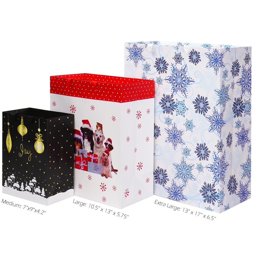 Christmas Gift Bags Set with Greeting Cards - 12 Pack (4 XL, 4 Medium, 4 Small Bags + 12 Cards & Envelopes) - Holiday Party Favors, Xmas Present Wrapping, Office Gift Exchange, Secret Santa Supplies