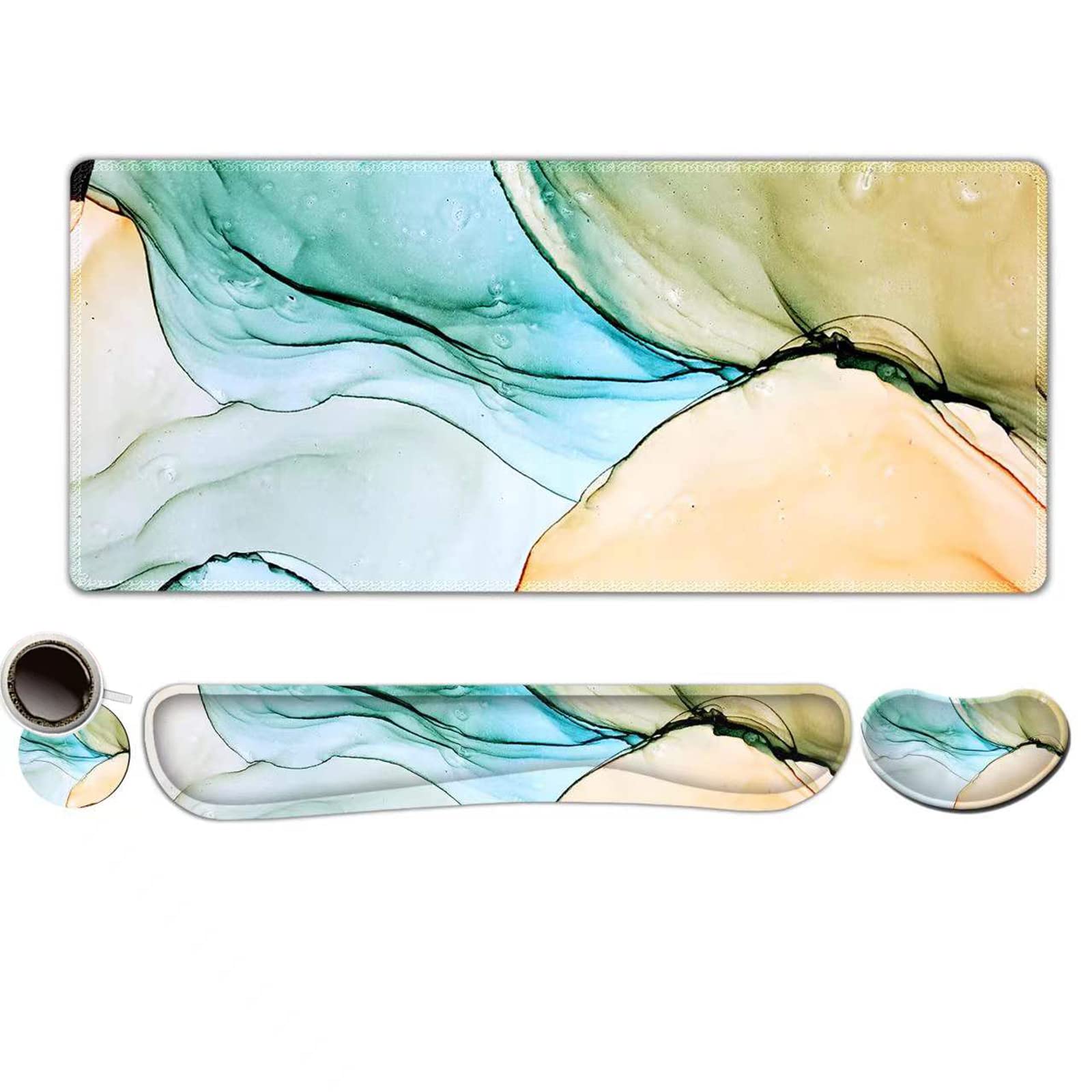DINKY Gaming Mouse Pad Set with Wrist Rest - Blue Green Marble for Comfort & Pain Relief