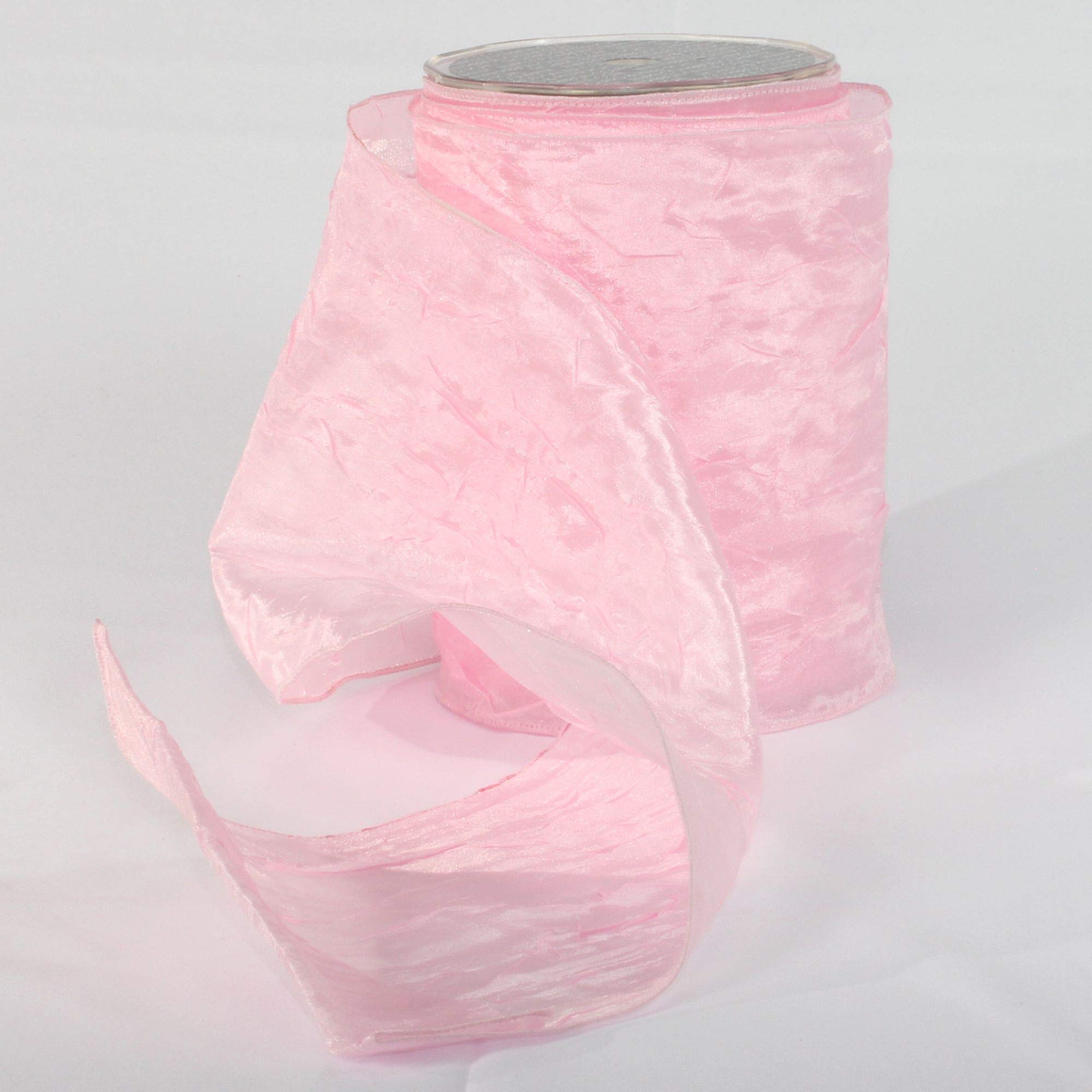 Pink Crinkled Satin Silk Wired Craft Ribbon - 6 Inch x 27 Yards Bulk Spool for Gift Wrapping, Floral Arrangements, DIY Wedding Decorations & Party Favors