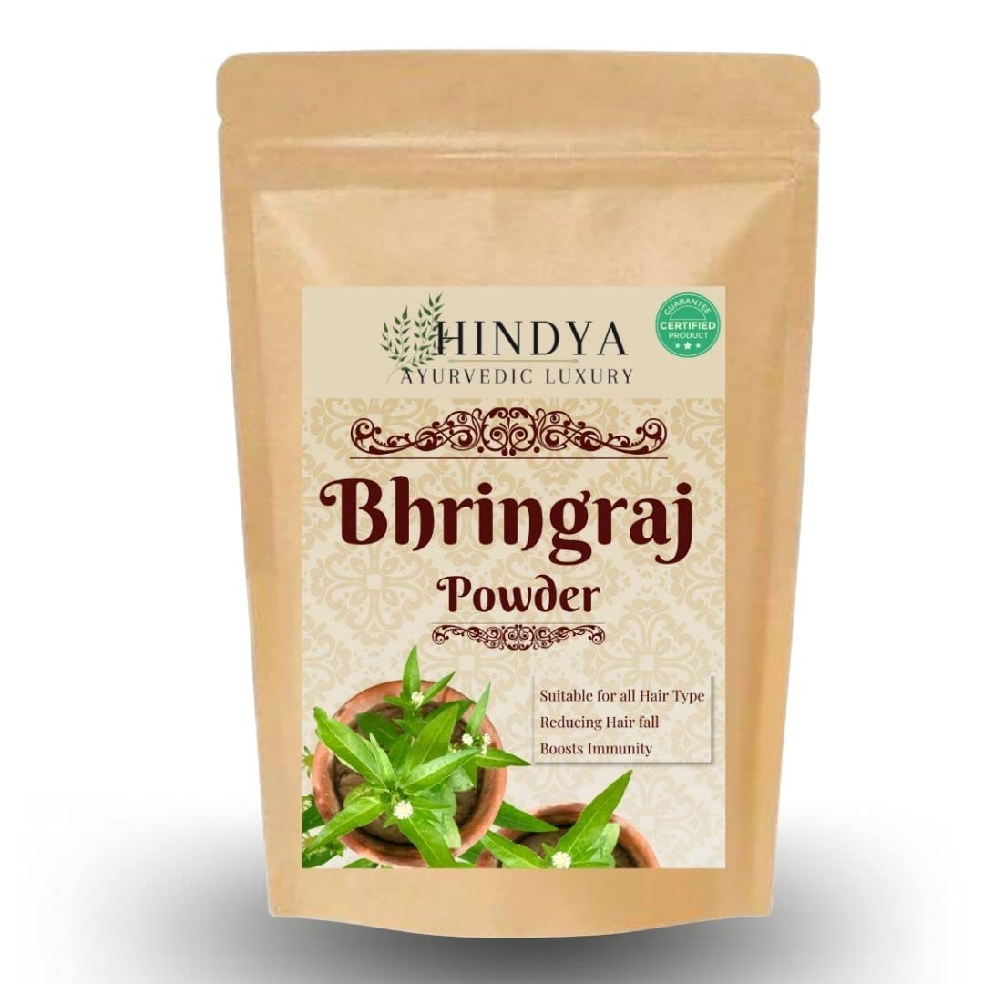 Hindya Ayurvedic Bhringraj Powder for Hair Growth - 100% Natural Organic Hair Care for Men & Women | Anti-Hairfall Treatment for Strong, Thick & Smooth Hair | Use in Hair Oil Packs & Oral Consumption | Promotes Healthy Scalp & Shiny Hair for Daily Hair Care Routine
