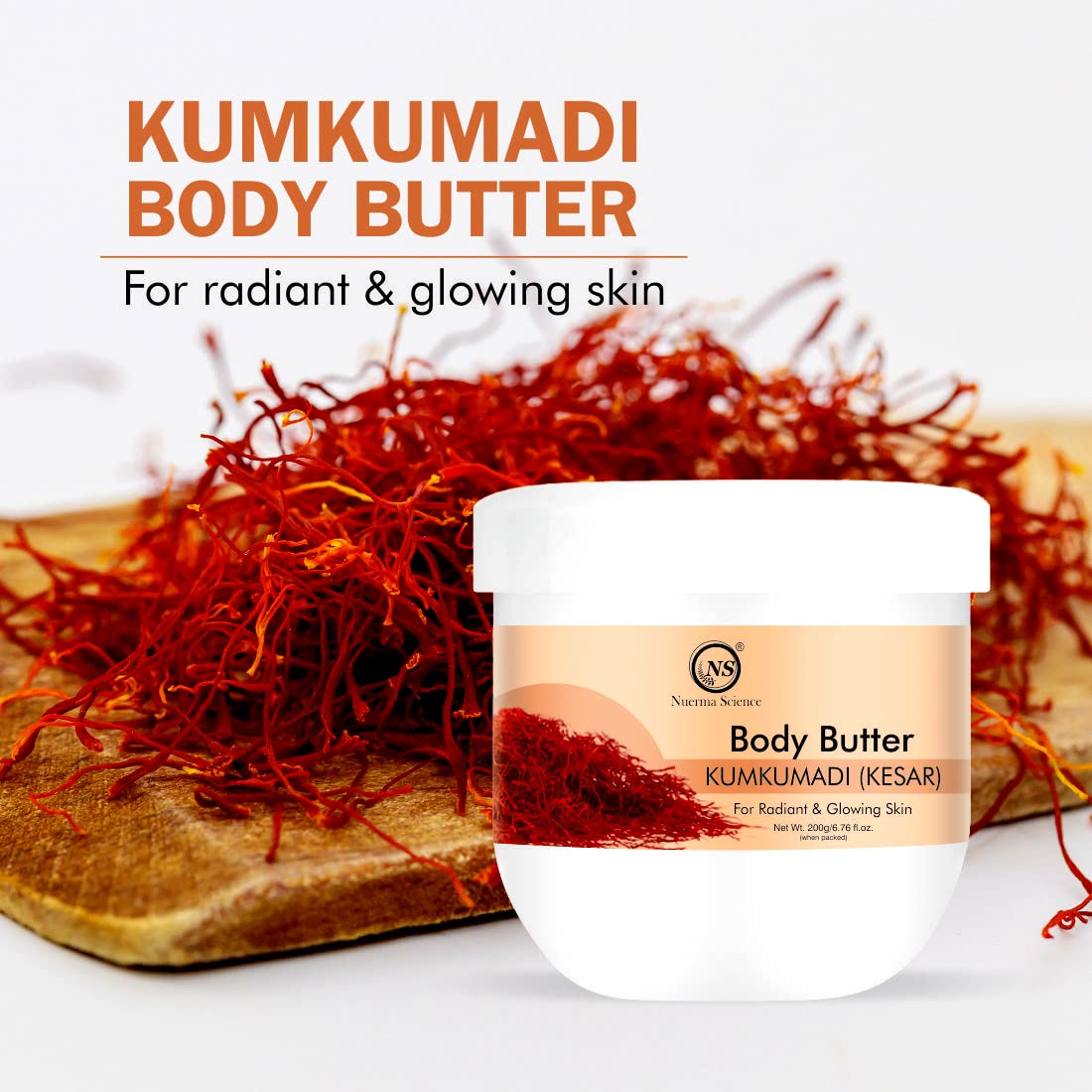 Nuerma Science Ayurvedic Kumkumadi (Saffron) Body Butter - Deep Moisturizing Cream with Vitamin E, Shea & Cocoa Butter for Radiant Skin - Enriched with Mulethi Extract & Aloe Vera (200g) - Perfect for Dry Skin Care & Nighttime Hydration