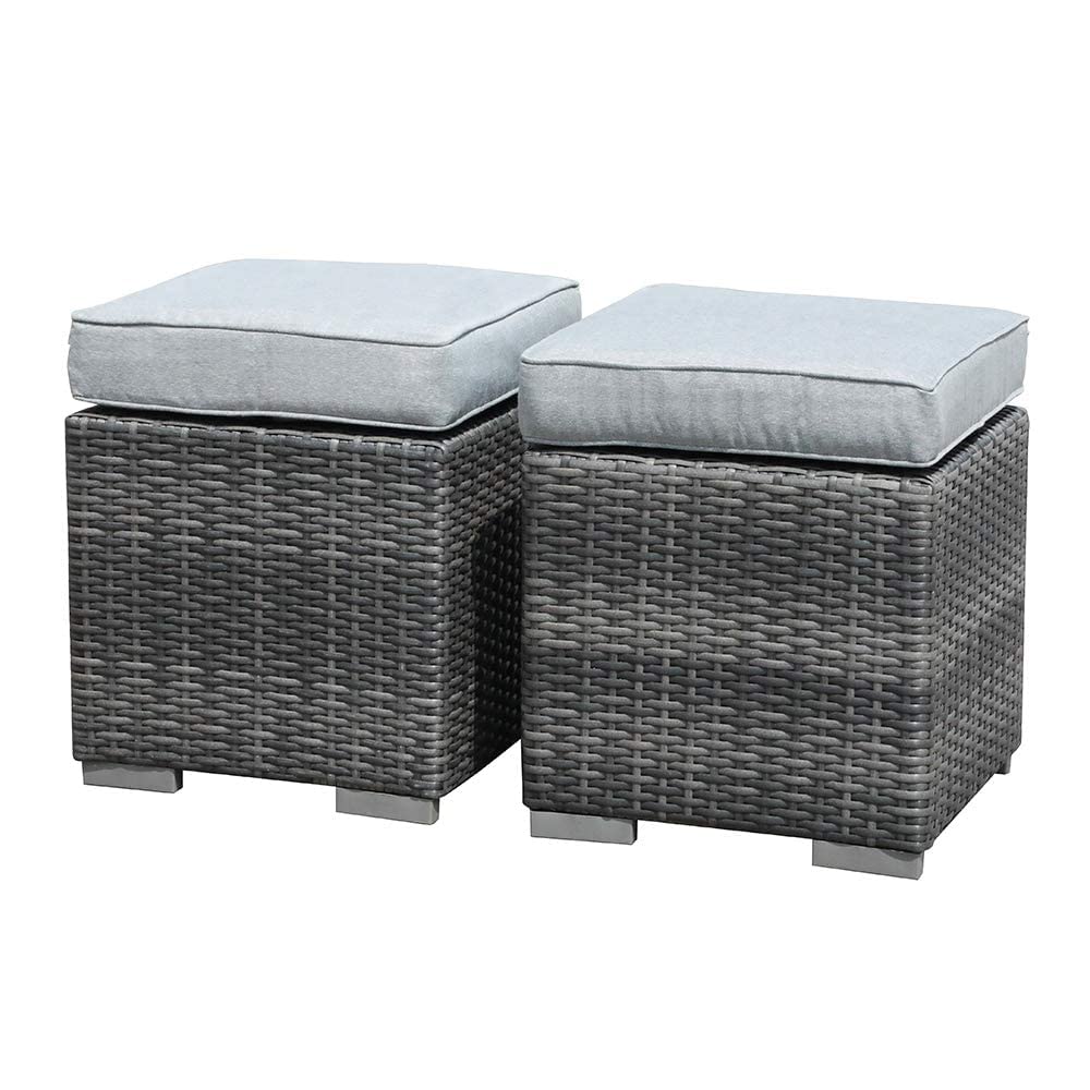 Patiorama 2-Piece Outdoor Patio Ottoman Set - All-Weather Grey Wicker Rattan Footstool with Light Grey Cushions - Indoor/Outdoor Use - No Assembly Required - Perfect for Poolside, Deck, Porch & Living Room Relaxation