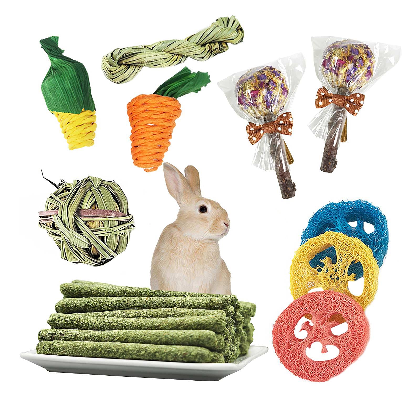 Elolicu 14PCS Natural Bunny Chew Toys for Rabbits, Hamsters, Gerbils & Squirrels - Healthy Teeth Grinding Chew Sticks for Small Pets - Perfect for Dental Care, Boredom Relief and Cage Enrichment