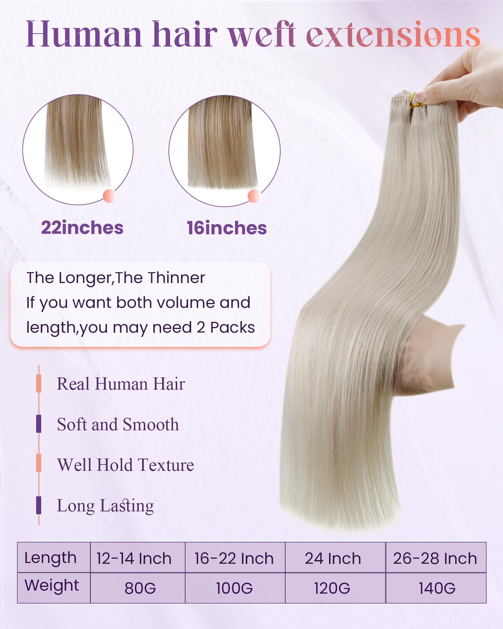 LaaVoo 24 Inch 120g Real Human Hair Extensions - Platinum Blonde Sew-in Weft for Long Straight Hair | Perfect for Styling, Volume Boost & Special Occasions