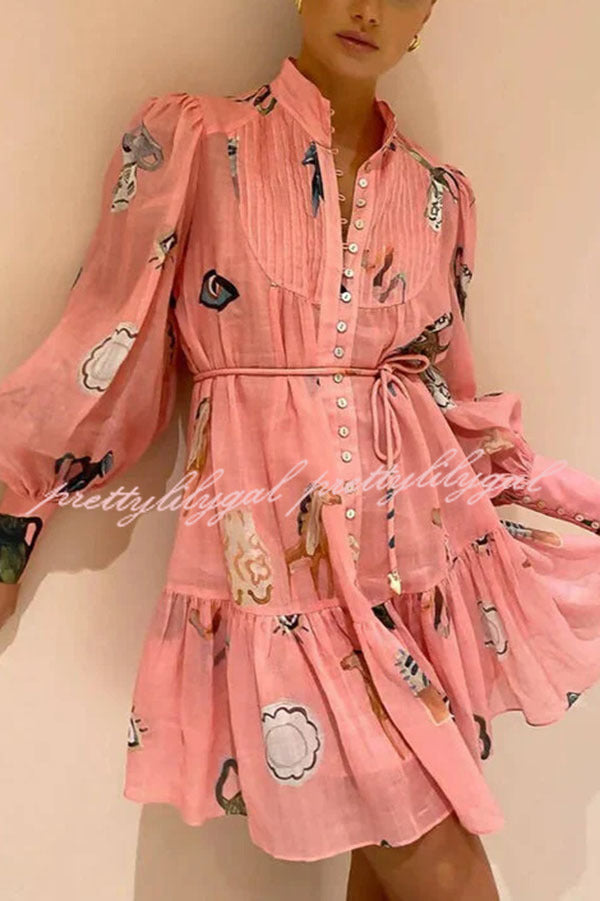 Unique Print Single Breasted Balloon Sleeve Tie Waist Ruffled Mini Dress - Elegant Party & Date Night Outfit for Women