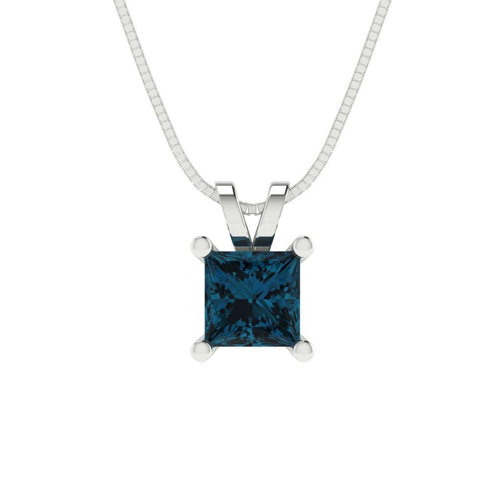 0.50ct Princess Cut Natural London Blue Topaz Solitaire Pendant Necklace - 14K White Gold with 18