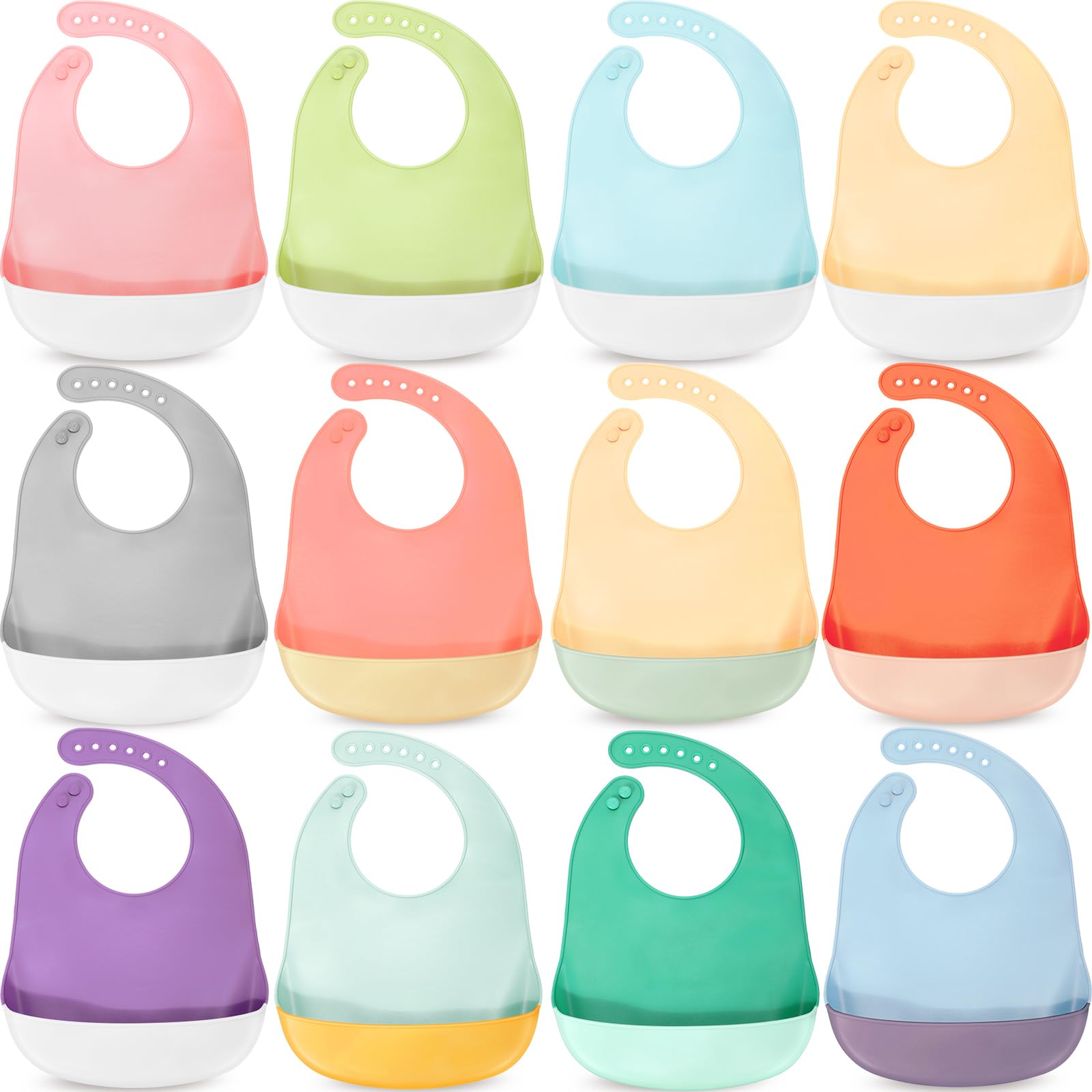 Mepase 12 Pack Waterproof Silicone Baby Bibs - Soft, Adjustable & Unisex Feeding Bib for Infants & Toddlers - Perfect for Mealtime, Snacks & Messy Play
