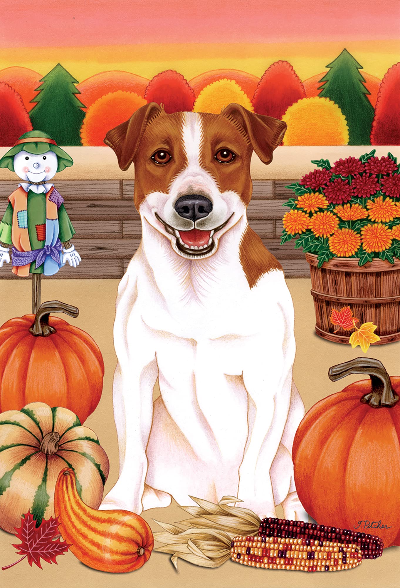 Jack Russell Terrier Autumn Harvest House Flag - Best of Breed Outdoor Decor for Fall Season | Perfect for Porch, Garden, and Seasonal Home Decoration