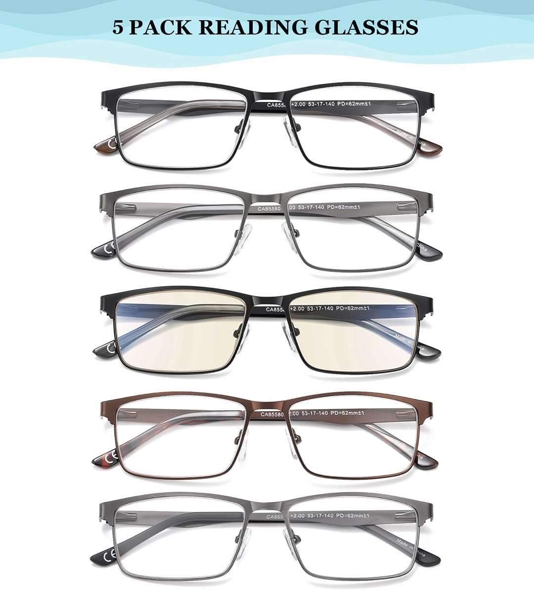 EYECEDAR 5-Pack Reading Glasses for Men - Lightweight Metal Frame with Spring Hinges, Computer Readers +3.00 Magnification - Perfect for Office Work, Reading & Screen Use