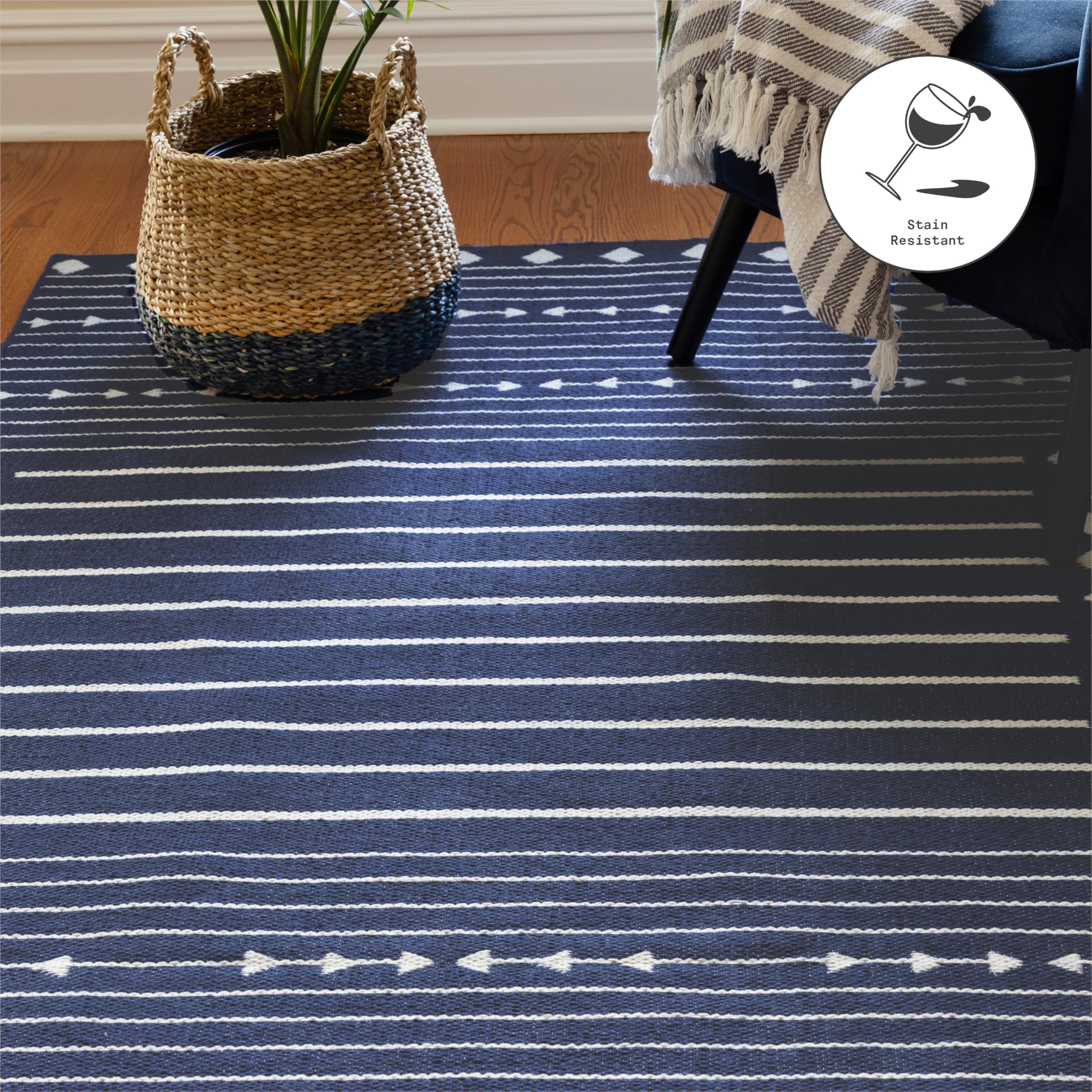 Fab Habitat Machine Washable Area Rug - Hand Woven, Stain & Pet Friendly, Reversible - Premium Recycled Polyester Yarn - Aztec Kilim Design - Navy/White - 4x6 ft - Perfect for Bedroom & Living Room Decor - Durable Floor Covering for High Traffic Areas