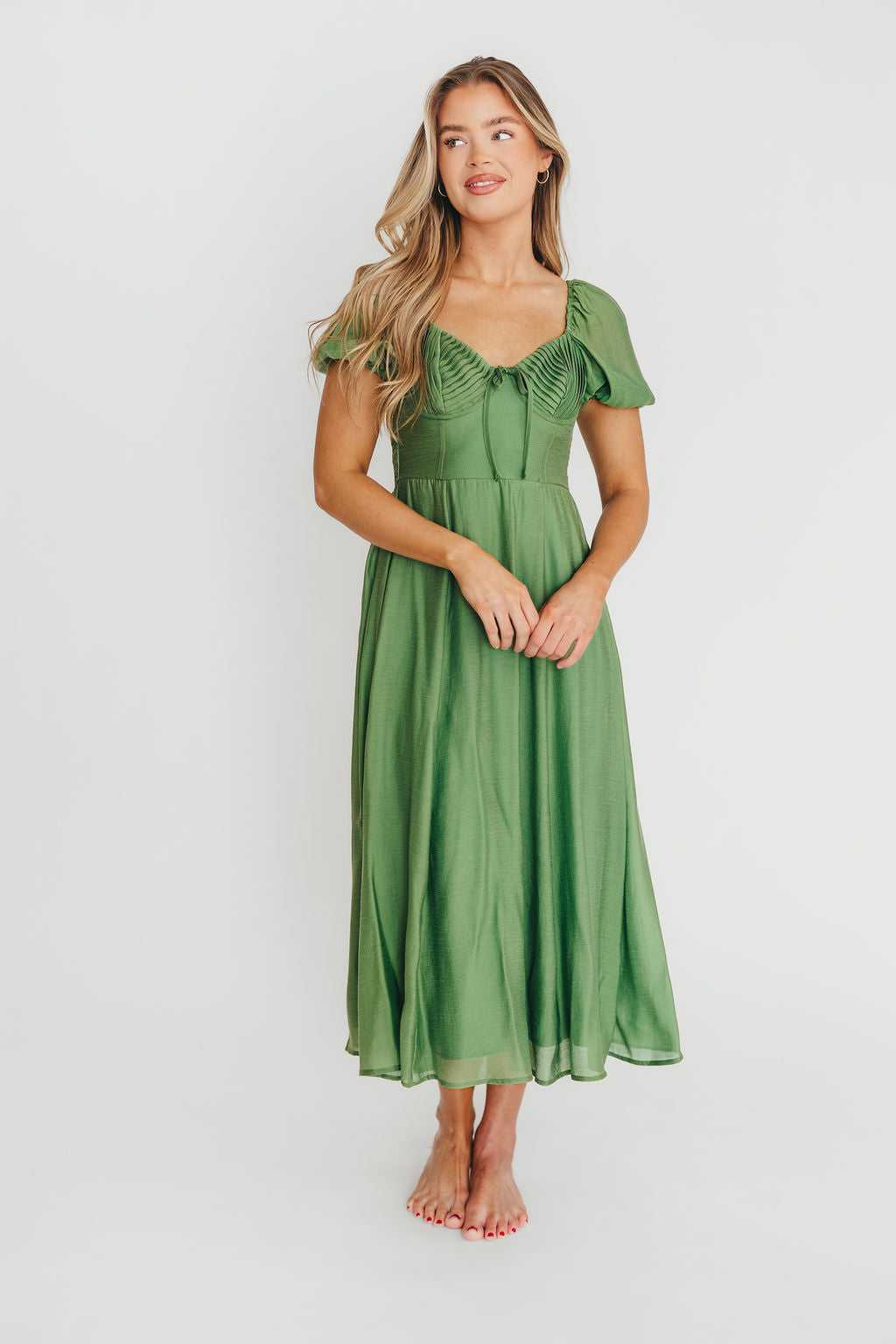 Stevie Bustier Midi Dress in Green | Elegant Bodycon Cocktail Dress for Women | Perfect for Weddings, Parties & Date Nights