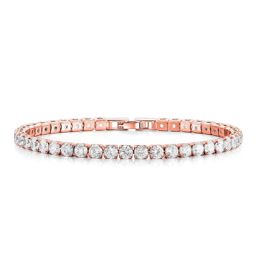 14K Gold Plated Tennis Bracelet for Women | 3mm Cubic Zirconia Eternity Charm Bracelet | 7 Inch Adjustable Rose Gold & Silver Jewelry | Perfect for Weddings, Parties & Everyday Elegance