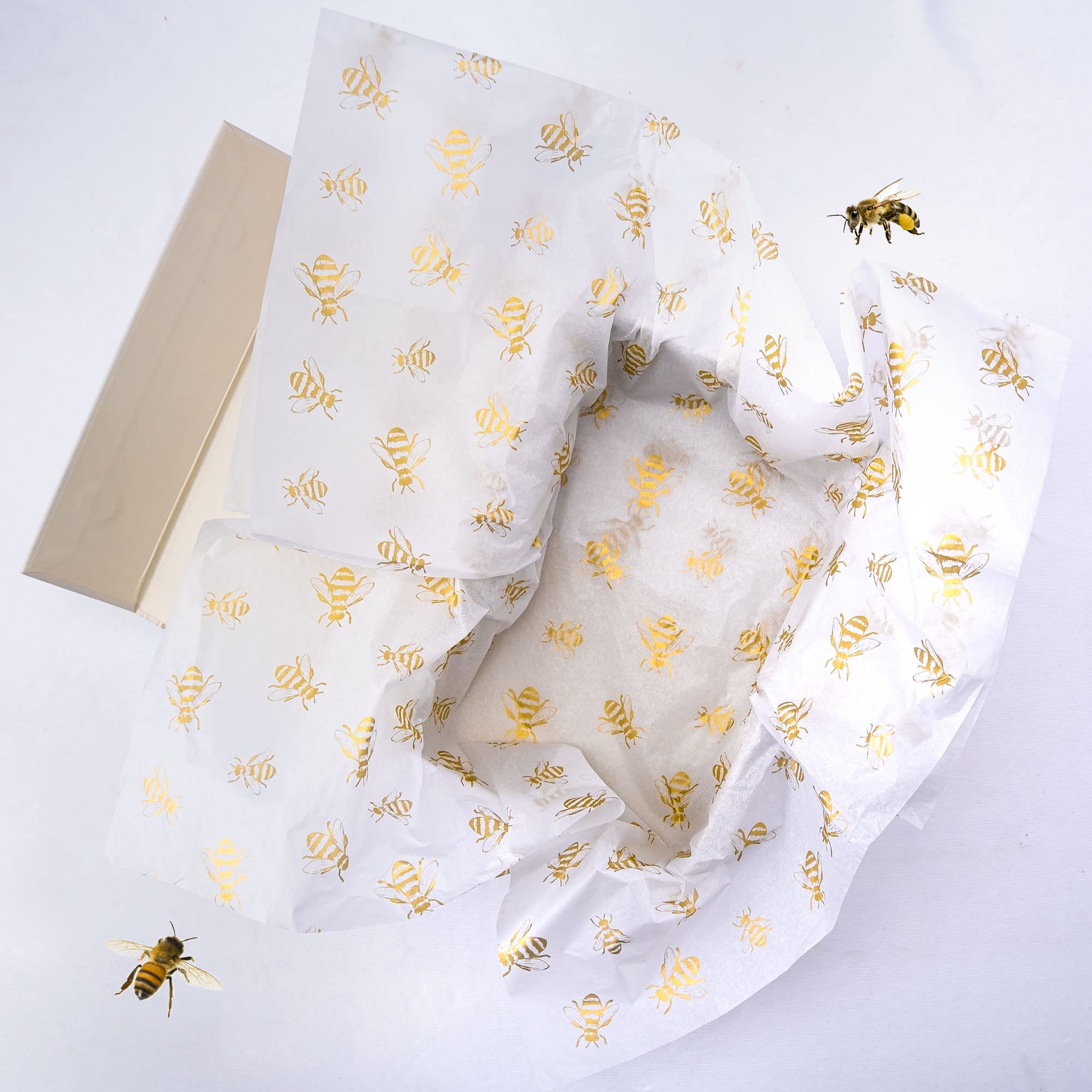 MR FIVE 90 Sheets White with Gold Bee Tissue Paper Bulk, 20