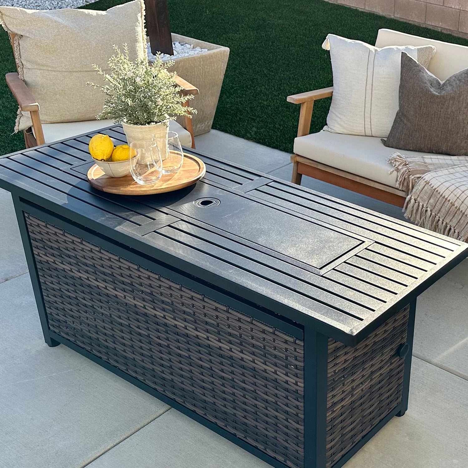 PHI VILLA 50,000 BTU Outdoor Fire Pit Table with Rattan Side Panels - Perfect for Backyard, Patio, and Garden Gatherings