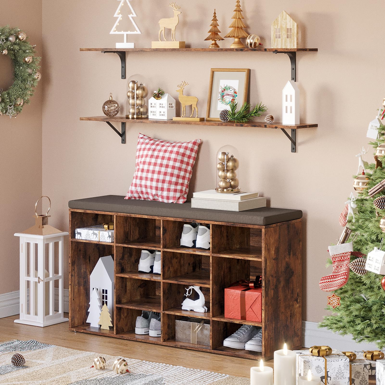 DINZI LVJ 16-Cubby Shoe Storage Bench with Cushion - Adjustable Shelves Multifunctional Shoe Organizer for Entryway, Mudroom, Hallway - Rustic Brown | Perfect for Small Spaces, Home Organization & Shoe Display