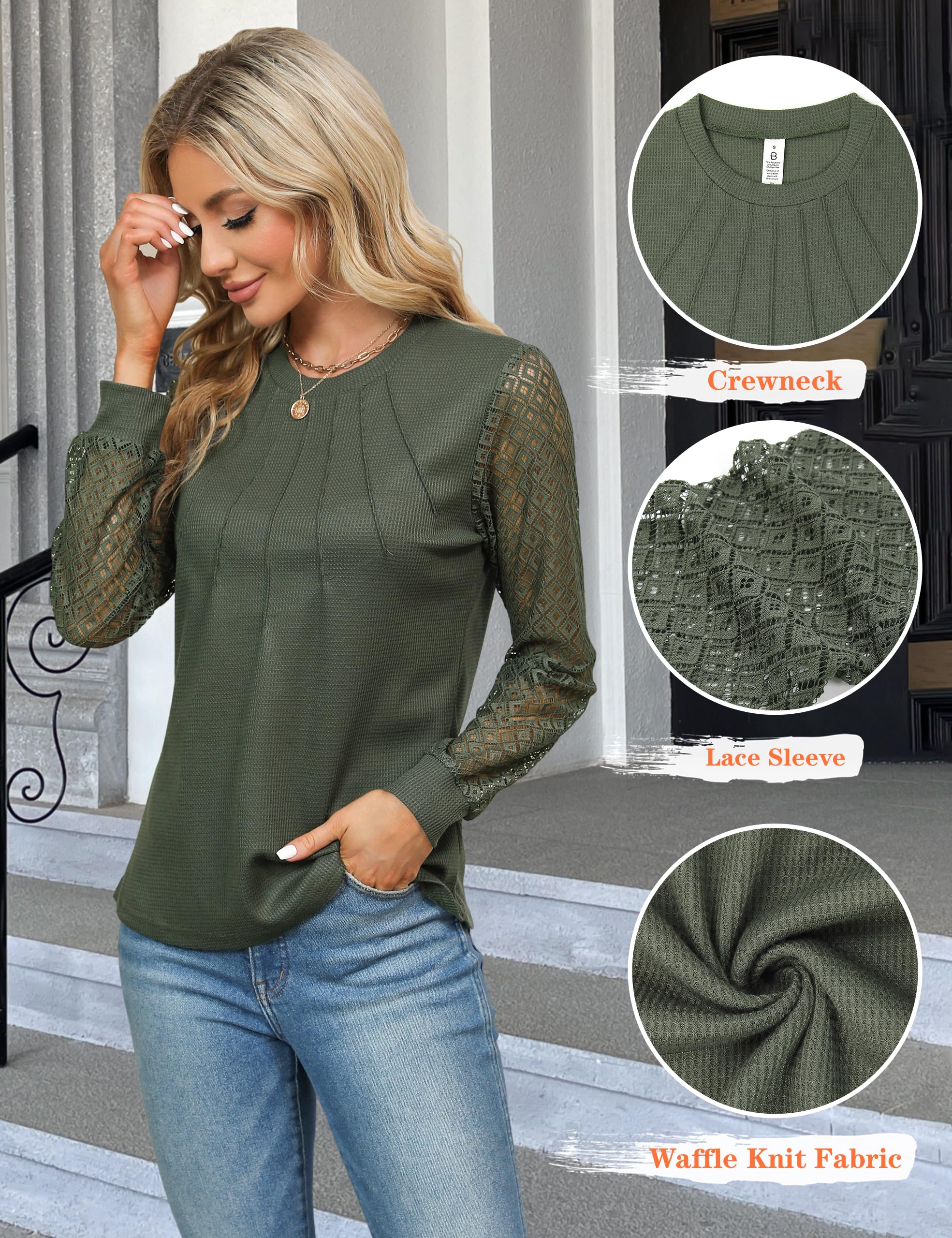 Blooming Jelly Women's Waffle Knit Blouse - Elegant Lace Long Sleeve Top for Business Casual & Office Wear | Fall Fashion Work Shirts | Perfect for Professional Meetings, Date Nights & Autumn Layering
